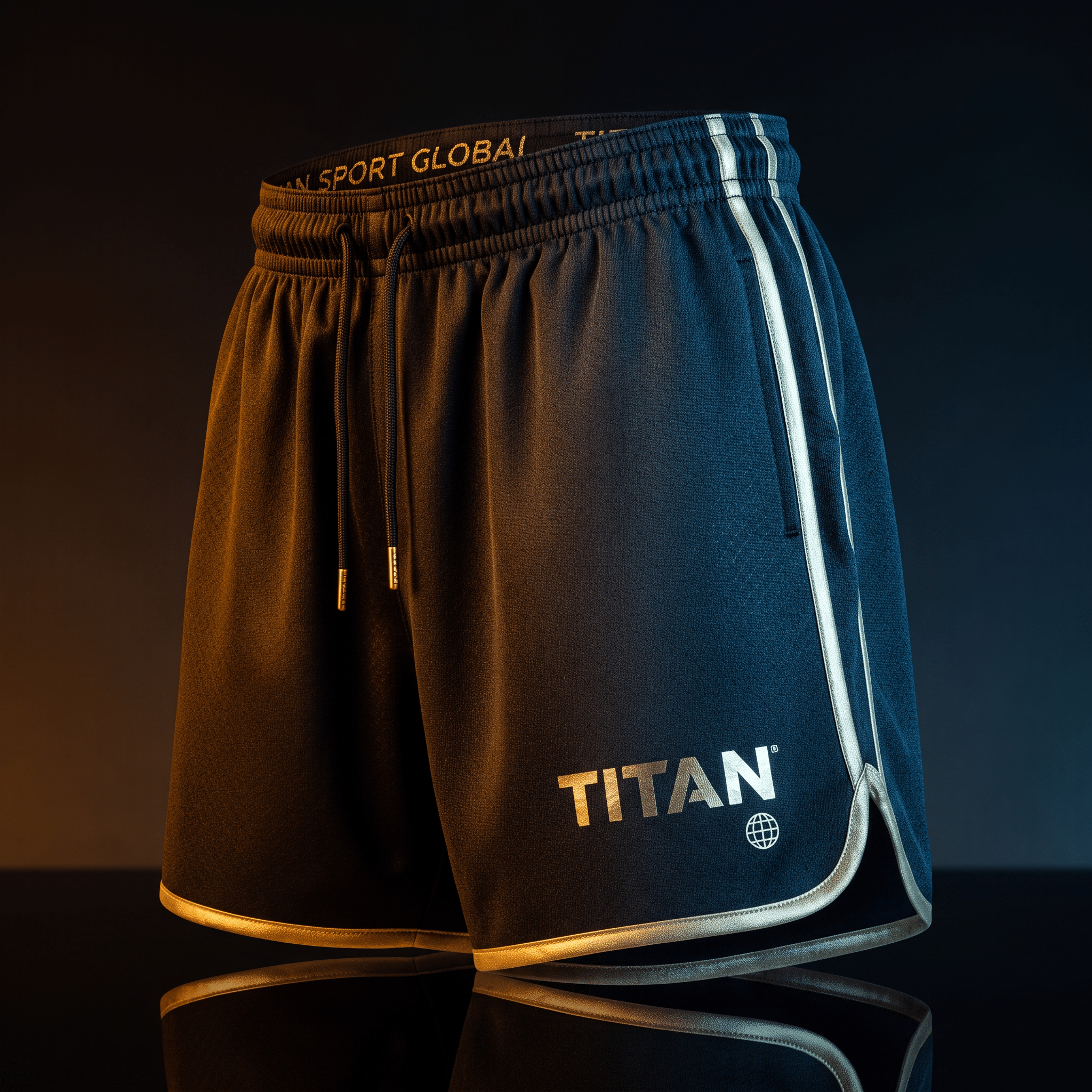 Black athletic shorts with gold trim, side stripes, drawstring waist, and a silver "TITAN" logo on the leg.