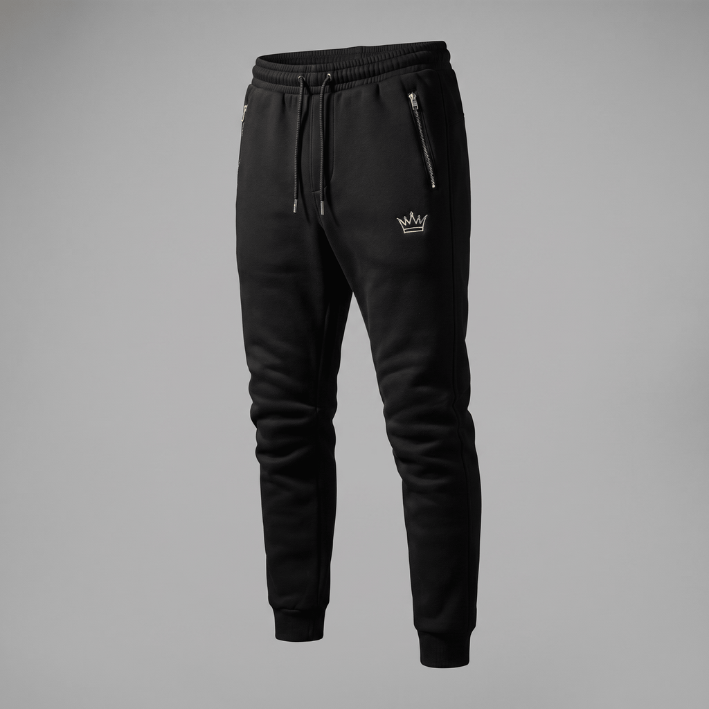 Black athletic joggers with zippered pockets, drawstring waist, and a white crown logo on a gray background.