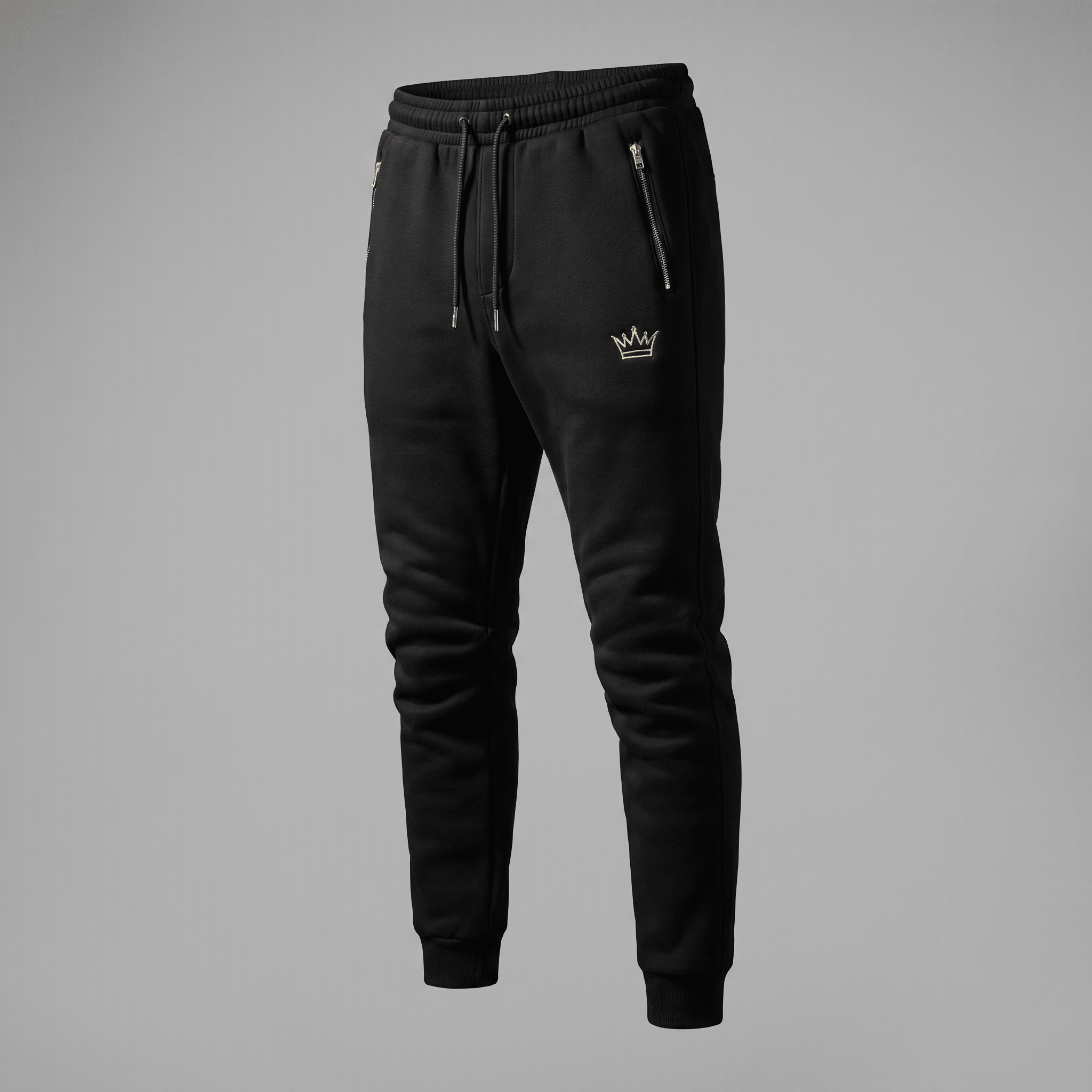 Black athletic joggers with zippered pockets, drawstring waist, and a white crown logo on a gray background.