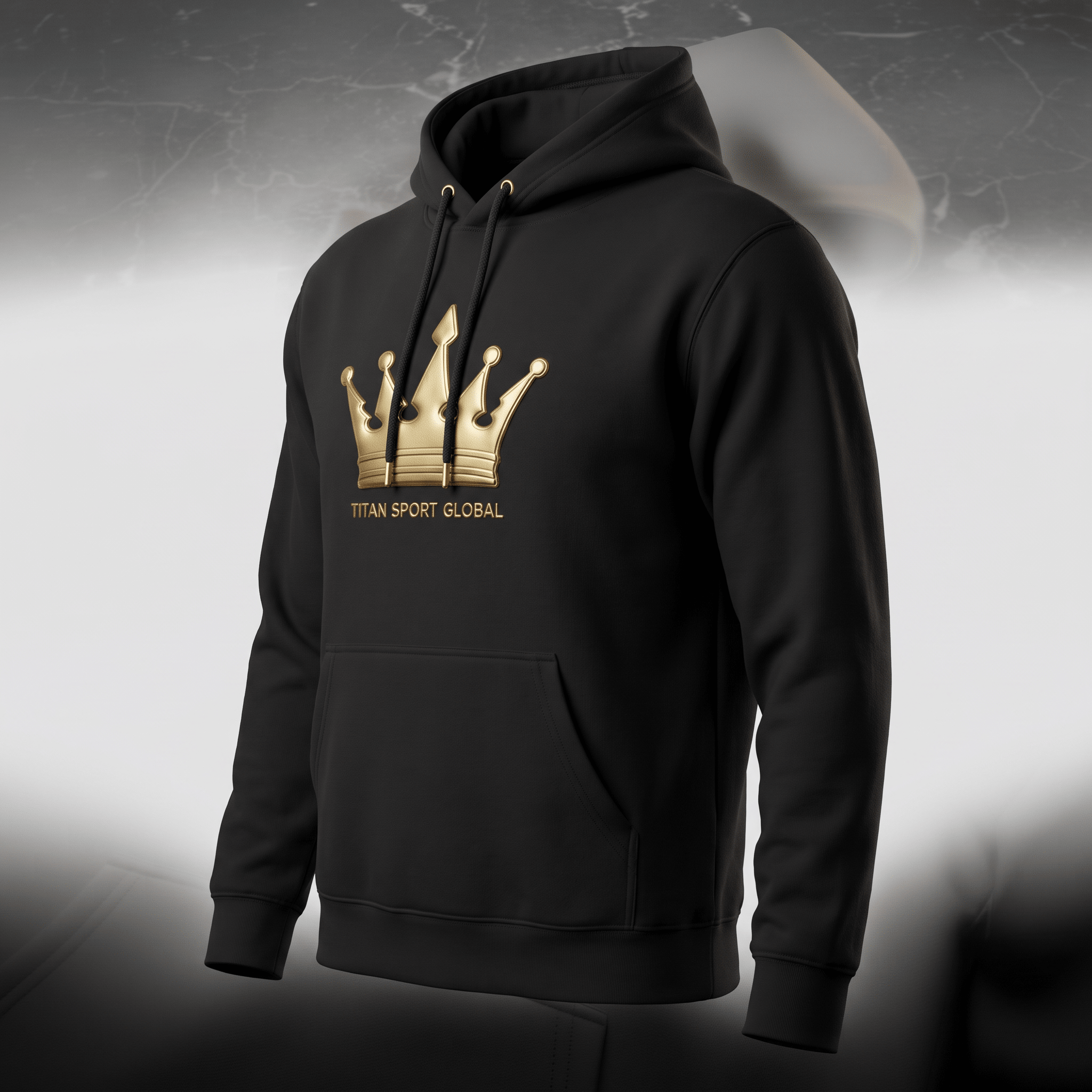 Black hoodie with gold crown graphic and Titan Sport Global text.