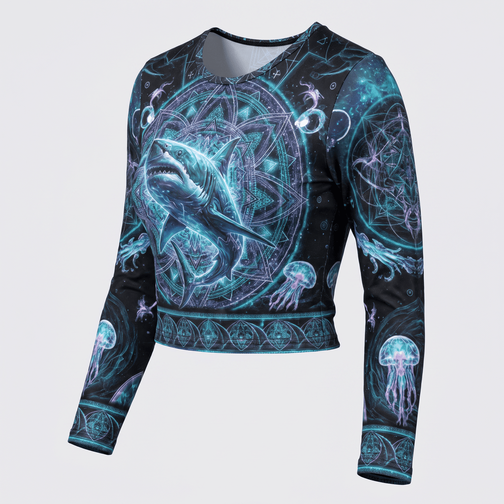 Long-sleeve crop top in black with teal and purple sacred geometry shark and jellyfish graphic print.