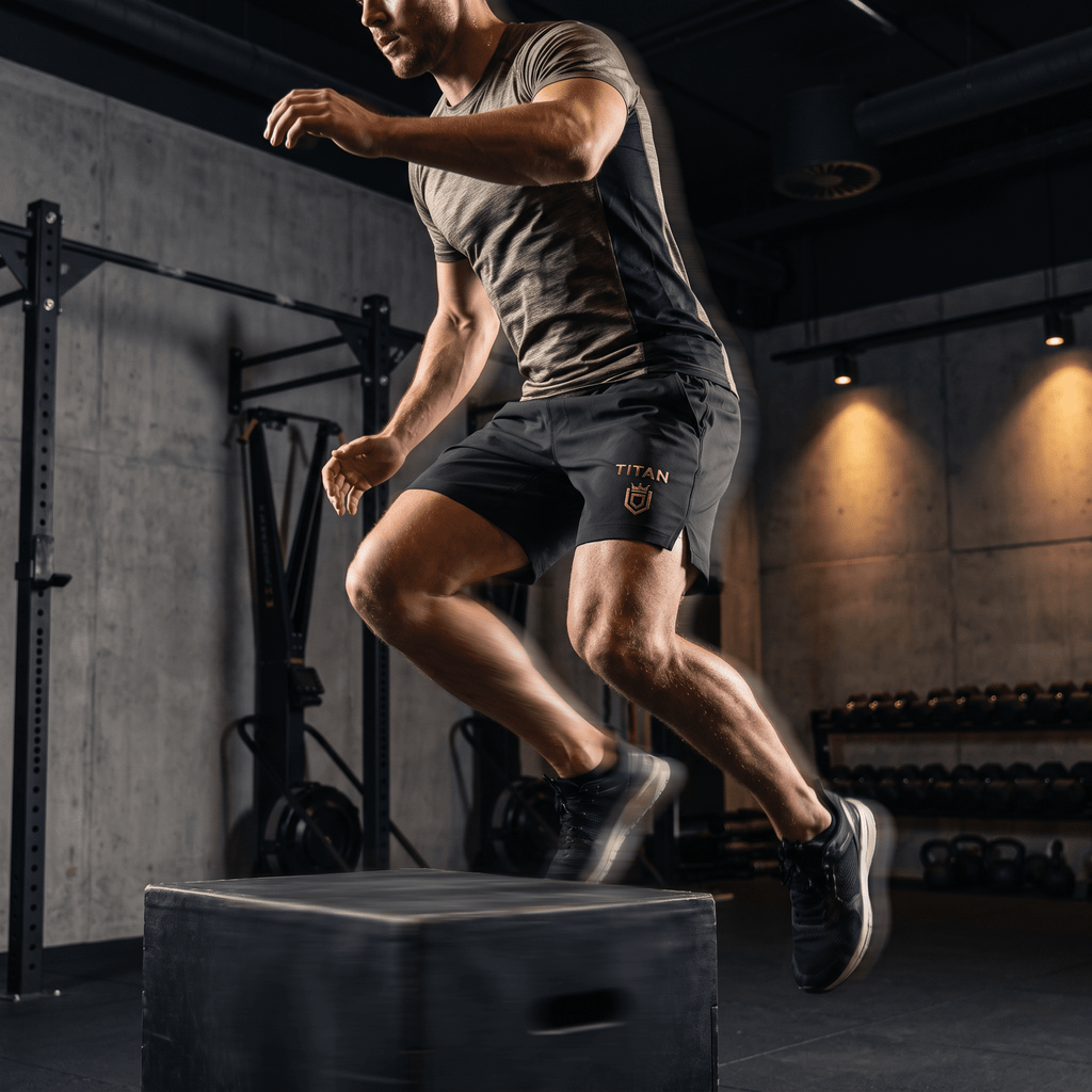 Male athlete doing a box jump wearing dark grey TITAN Performance Fit compression training shorts