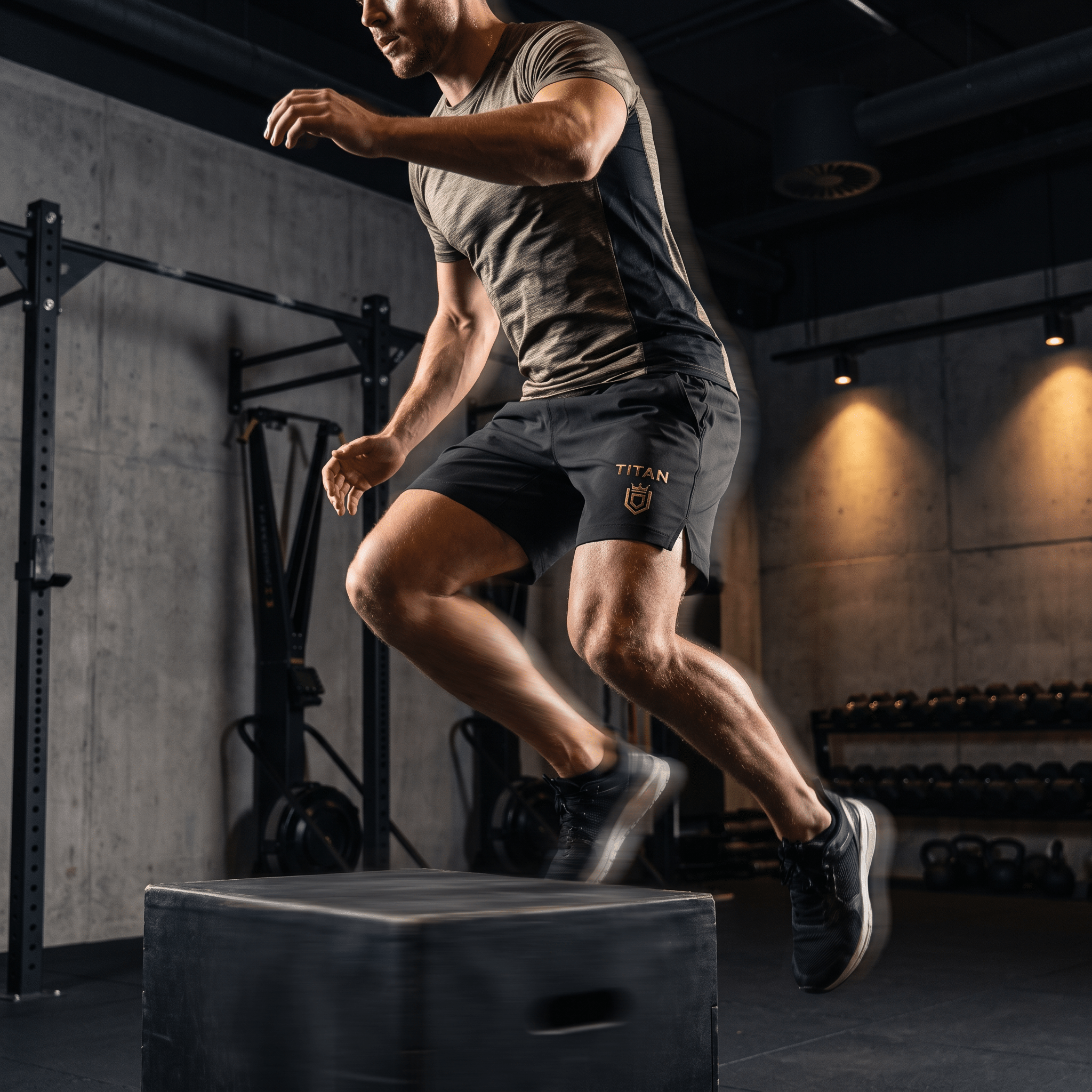 Male athlete doing a box jump wearing dark grey TITAN Performance Fit compression training shorts