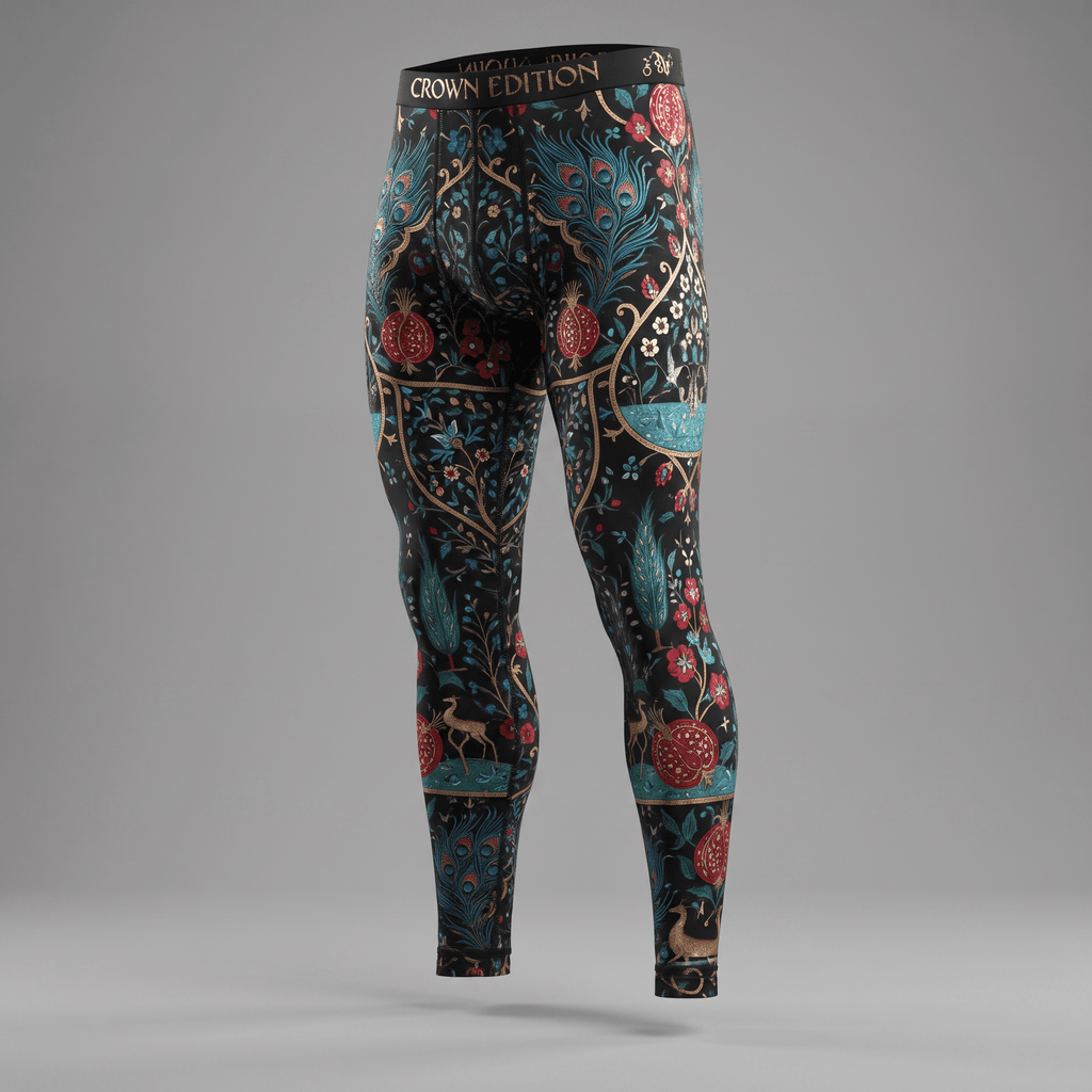 Crown Edition men's long johns featuring a black, red, and blue vintage botanical and peacock feather pattern.