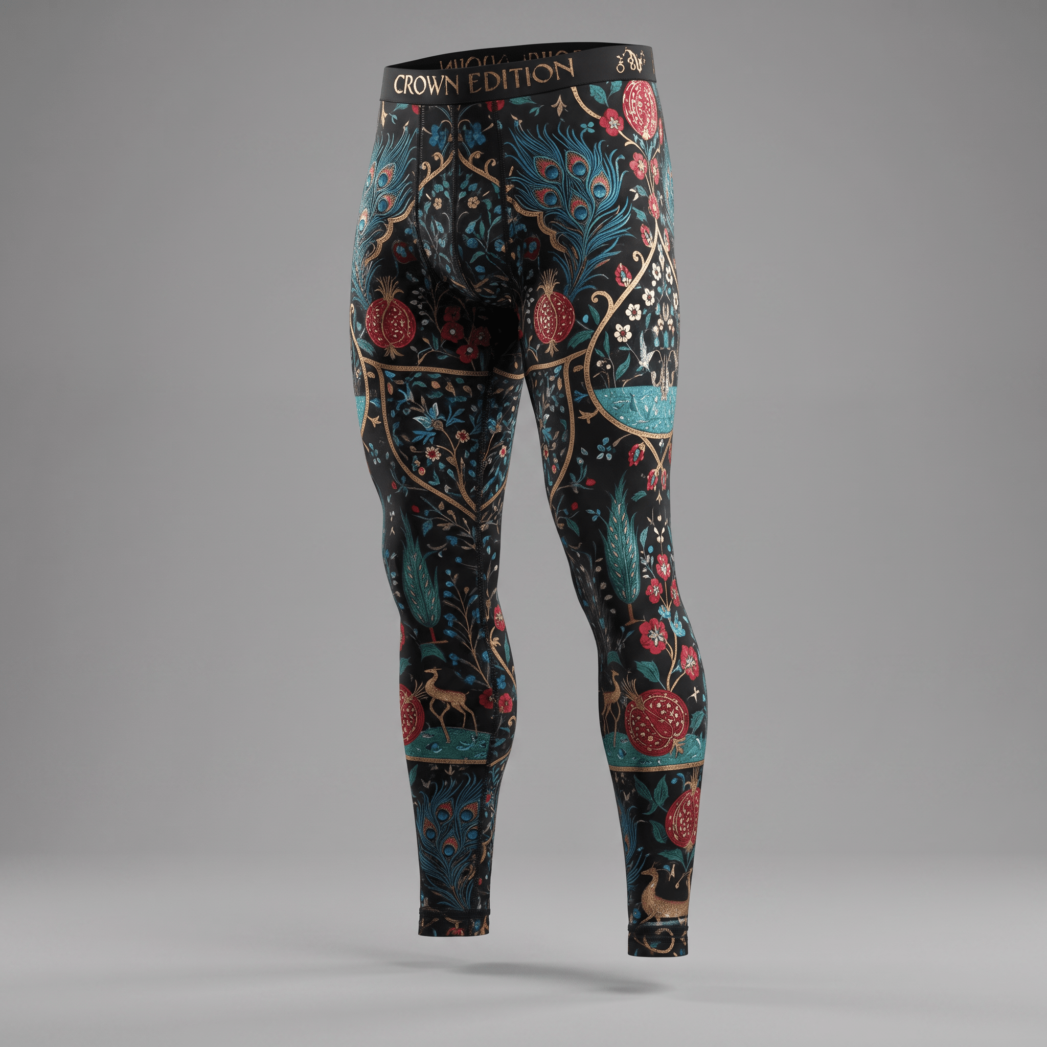 Crown Edition men's long johns featuring a black, red, and blue vintage botanical and peacock feather pattern.