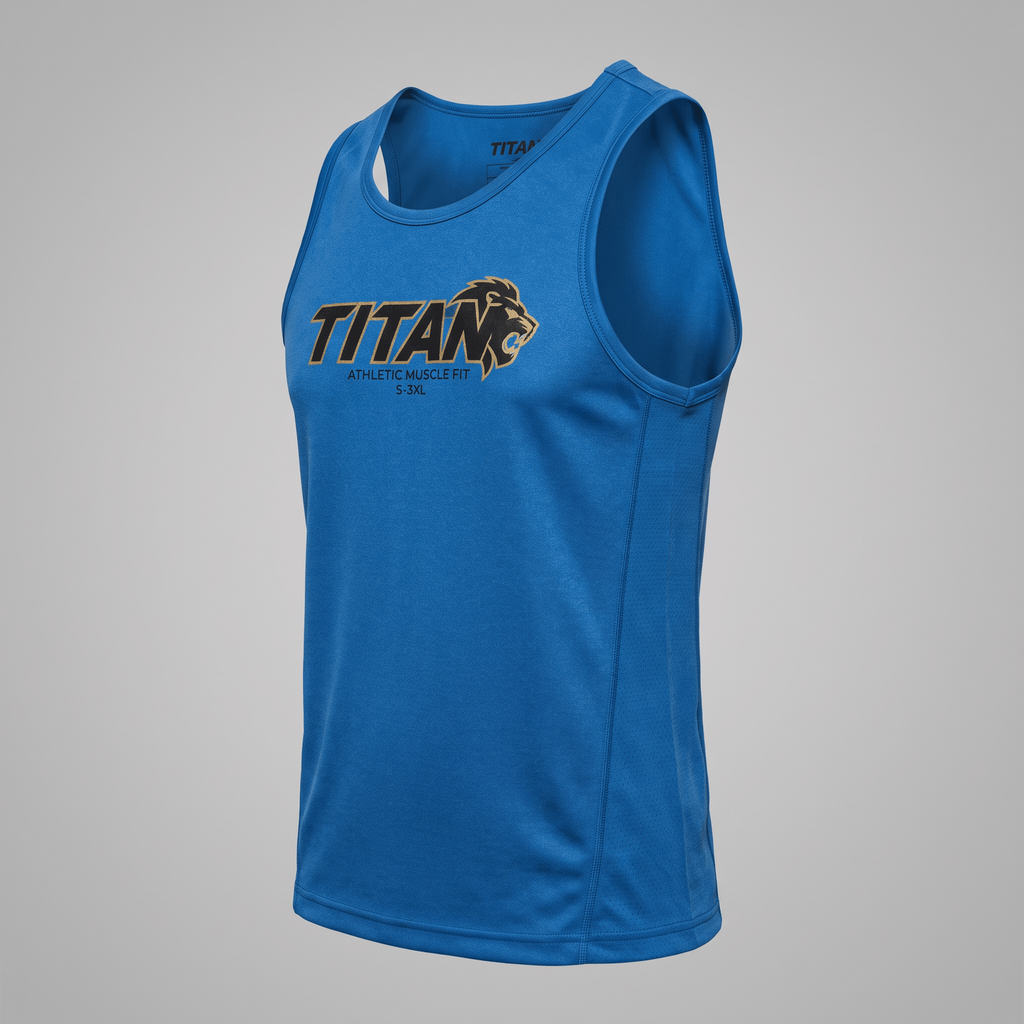 Blue Titan athletic muscle fit tank top with black and gold lion logo on chest.