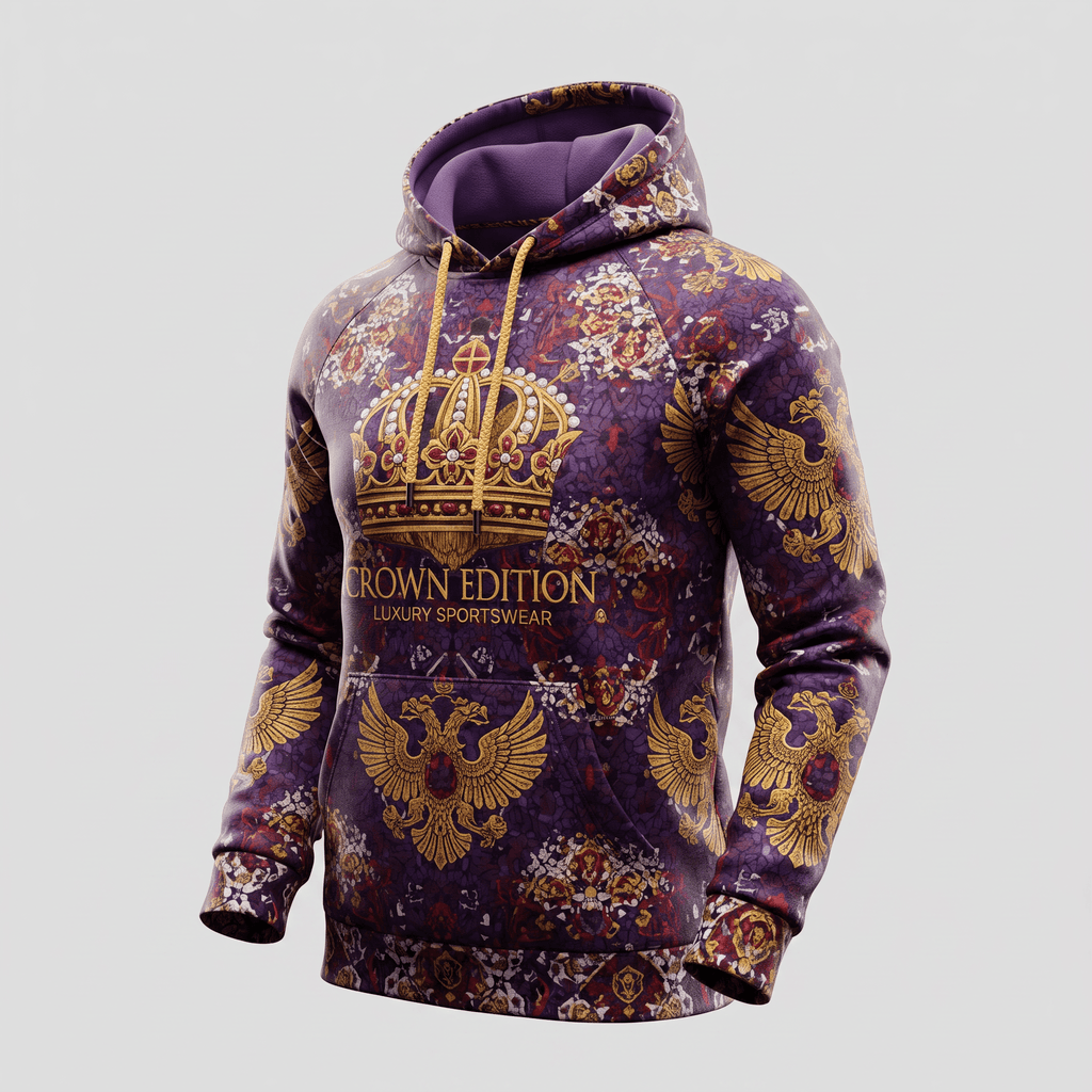 Purple luxury sportswear hoodie featuring a gold crown and double-headed eagle pattern.
