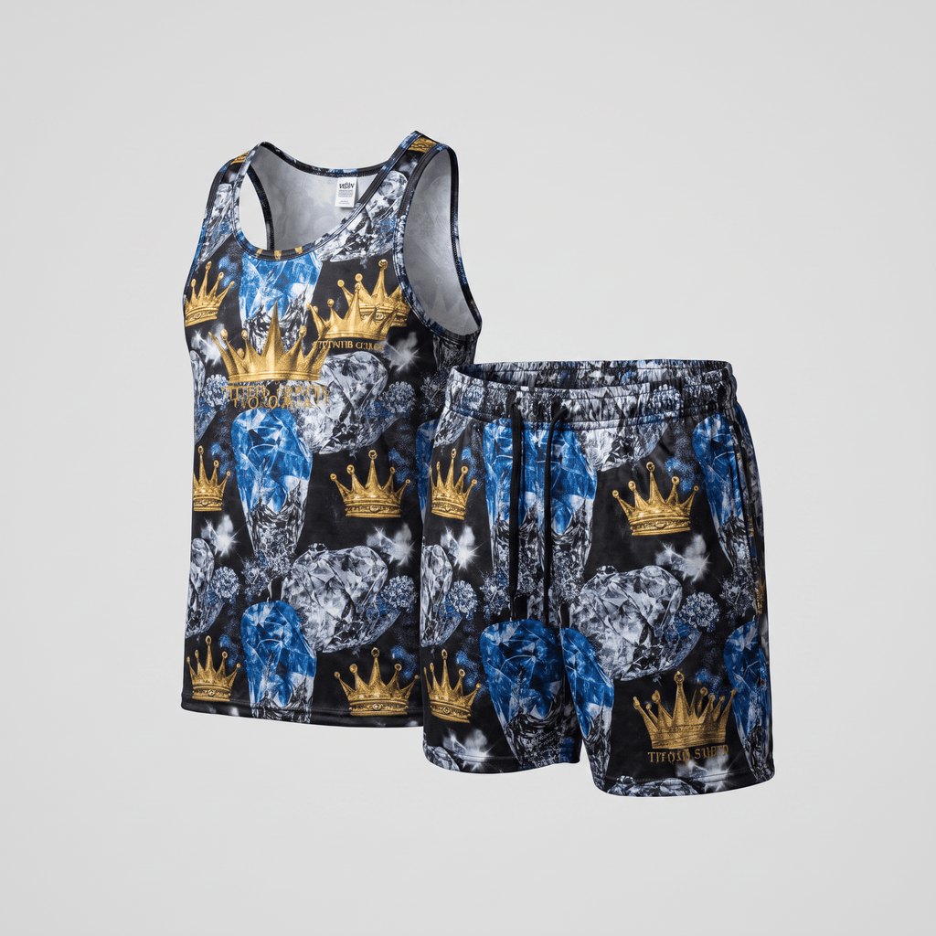 Matching black tank top and shorts set featuring a royal print of blue diamonds and gold crowns.