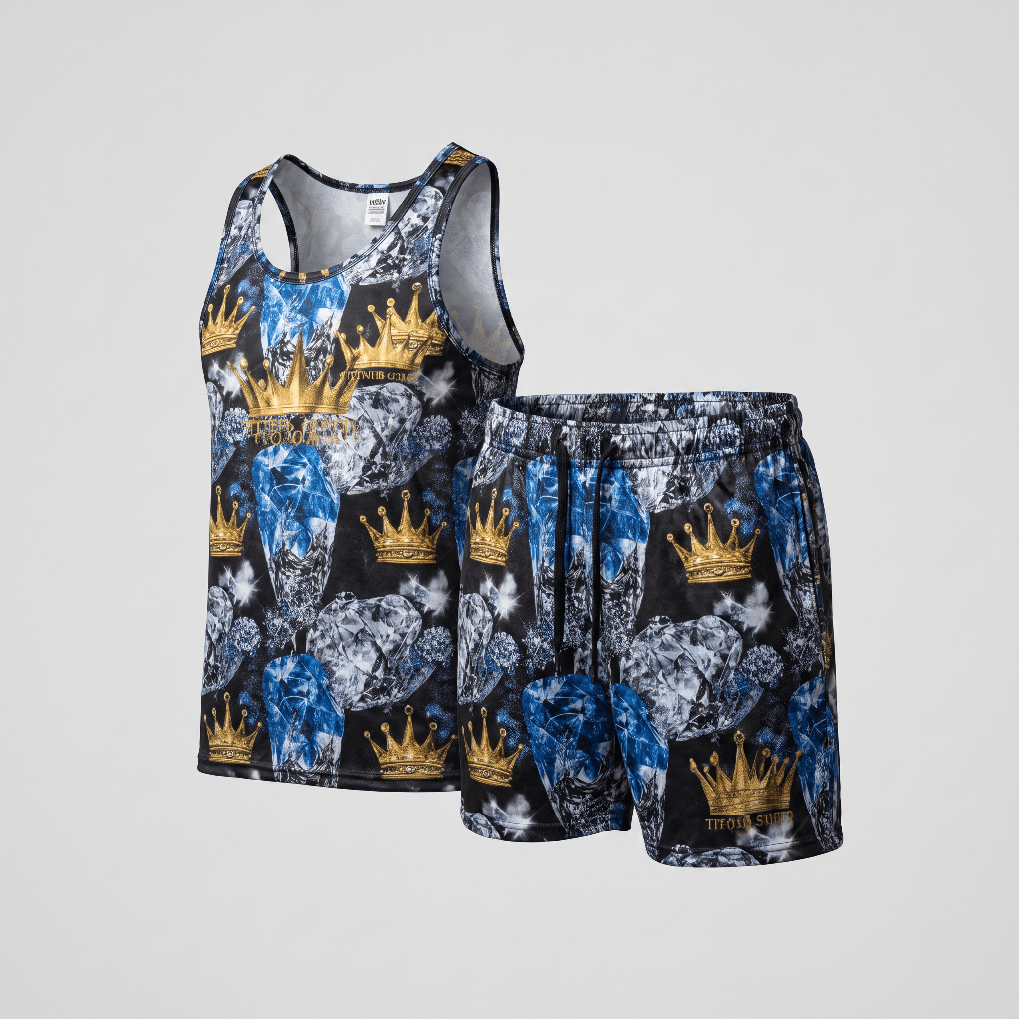 Matching black tank top and shorts set featuring a royal print of blue diamonds and gold crowns.