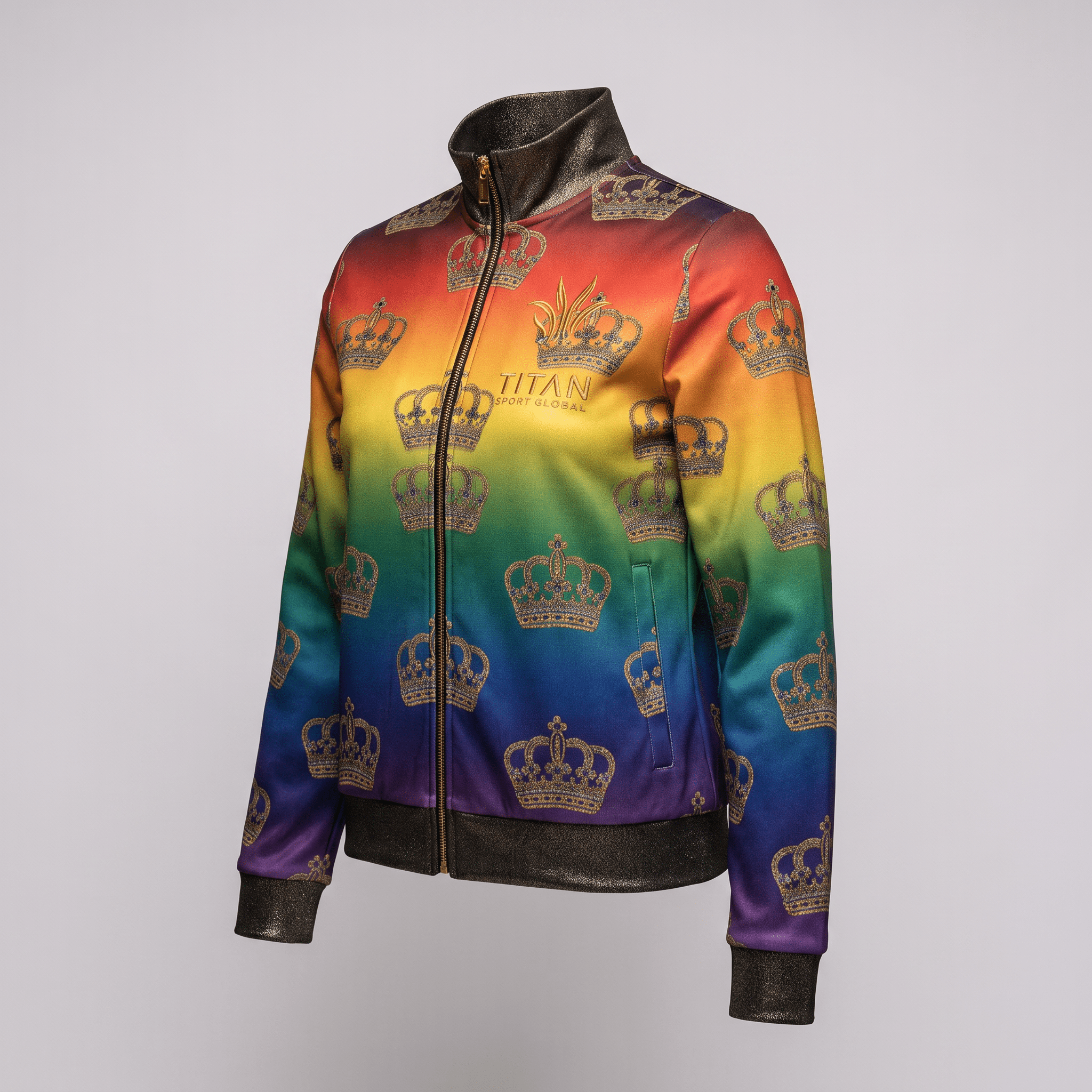 Titan Sport Global rainbow crown print zip-up track jacket with metallic collar and cuffs.