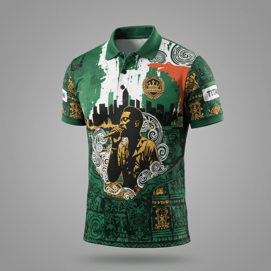Green polo shirt with short sleeves, featuring a singer graphic, city skyline, and ornate cultural patterns.
