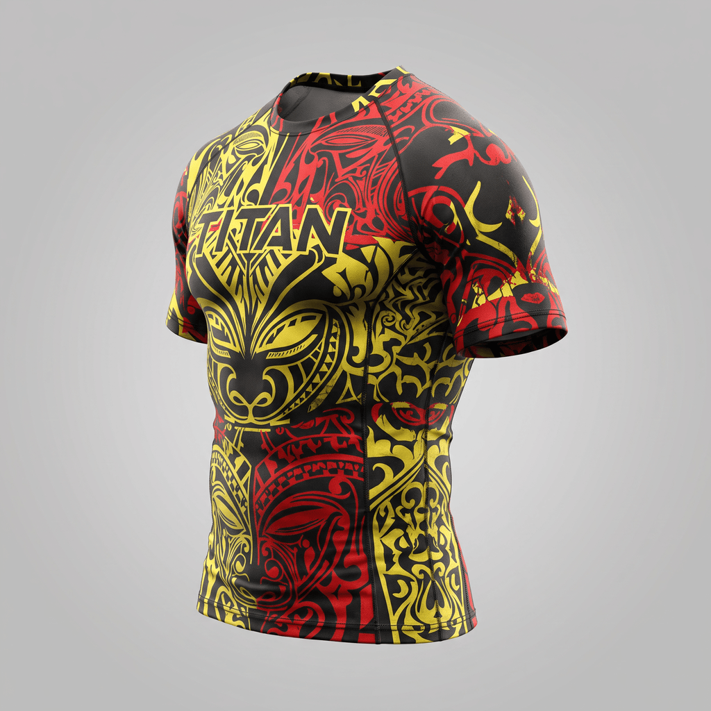 Titan short sleeve rash guard in black, red, and yellow with tribal tiki graphics.