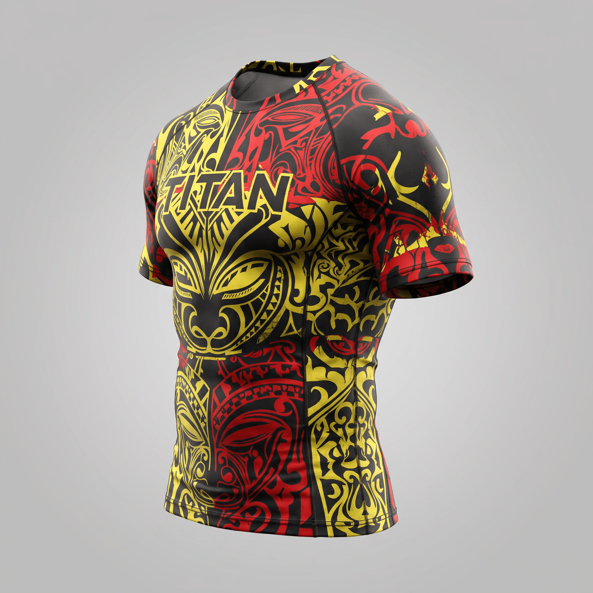 Titan short sleeve rash guard in black, red, and yellow with tribal tiki graphics.