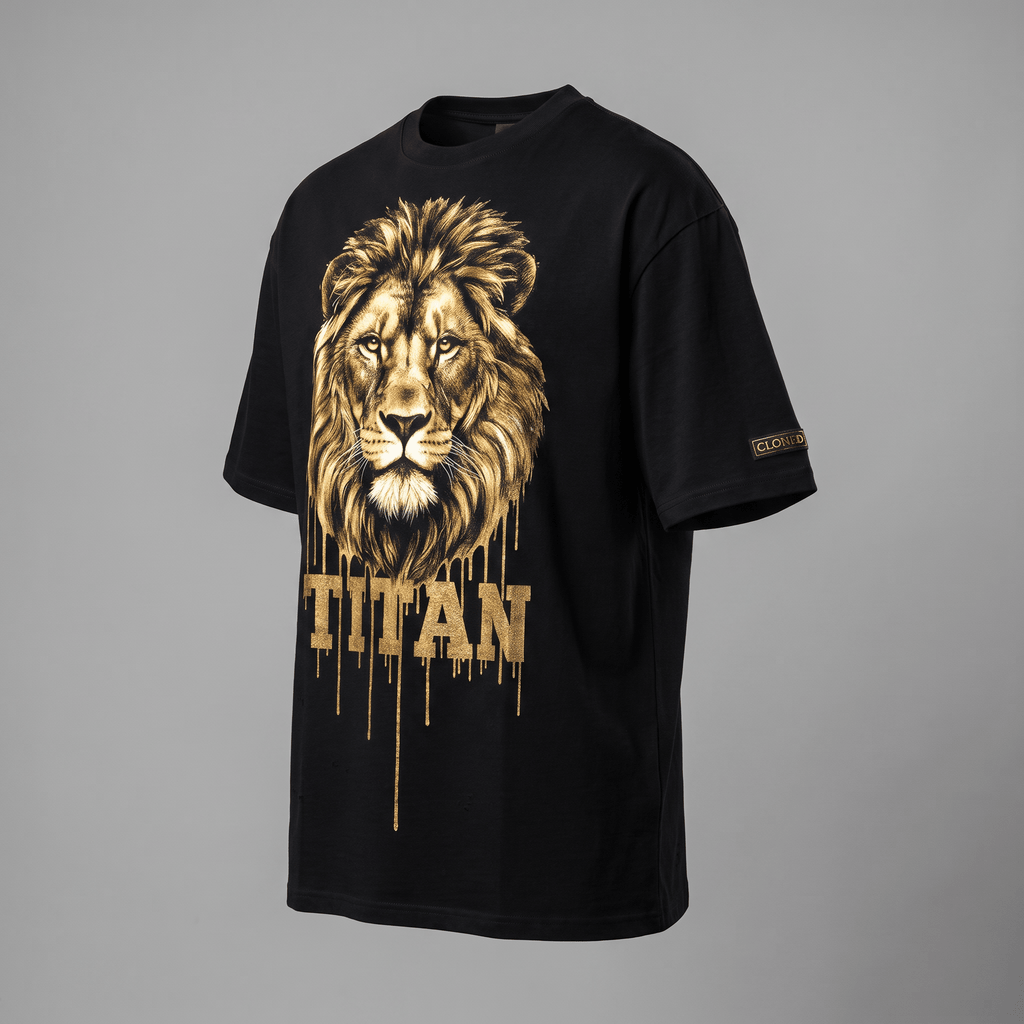 Black t-shirt featuring a metallic gold lion graphic and the word Titan dripping below it.
