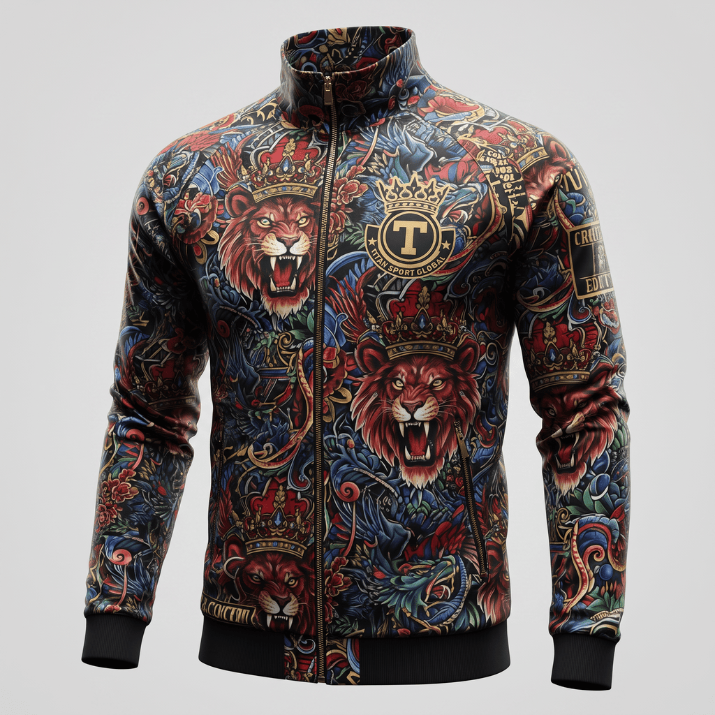 Multi-color track jacket featuring a royal lion and crown tattoo print pattern and gold T logo on the chest.