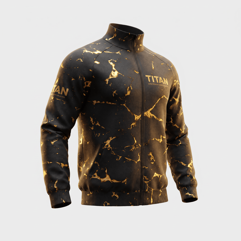 Black zip-up track jacket with gold marble pattern and Titan branding on the chest and sleeve.