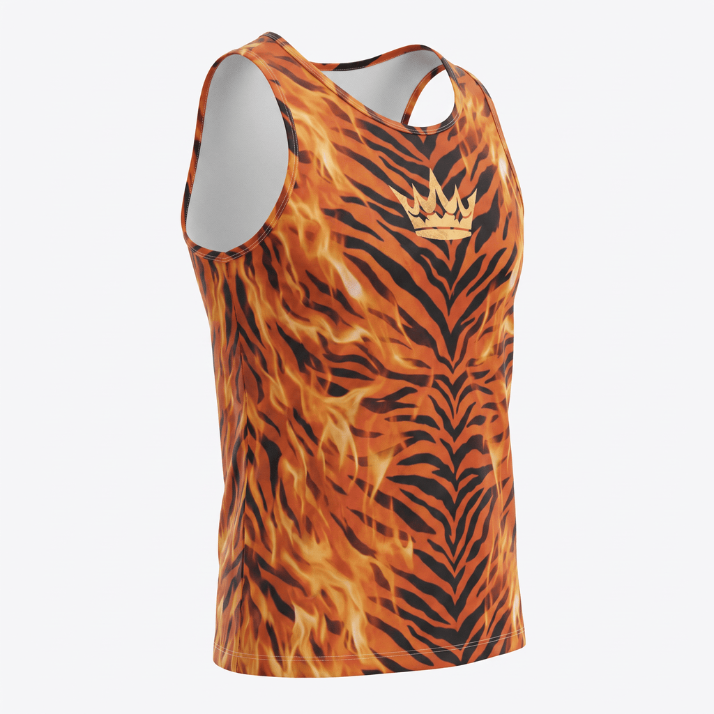Orange and black tiger stripe tank top with a gold crown graphic on the front.