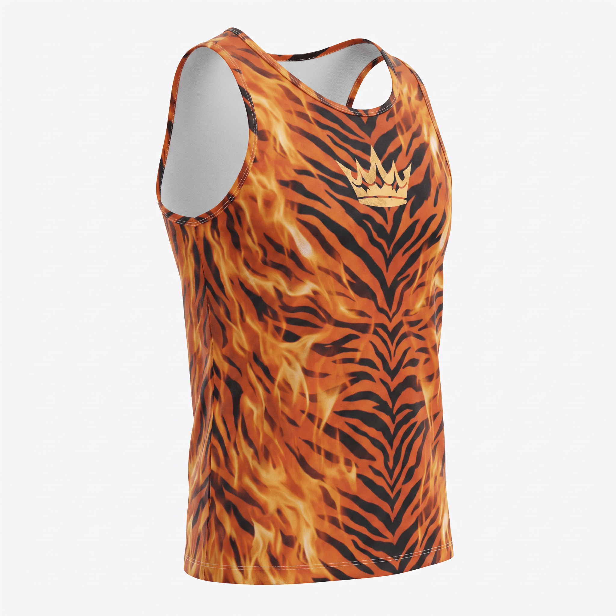 Orange and black tiger stripe tank top with a gold crown graphic on the front.