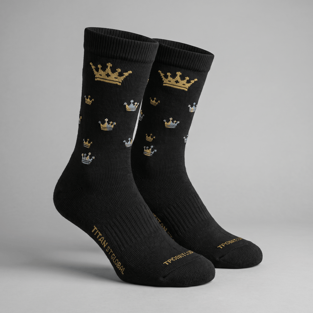 Black crew socks featuring an allover gold and silver crown pattern against a grey background.