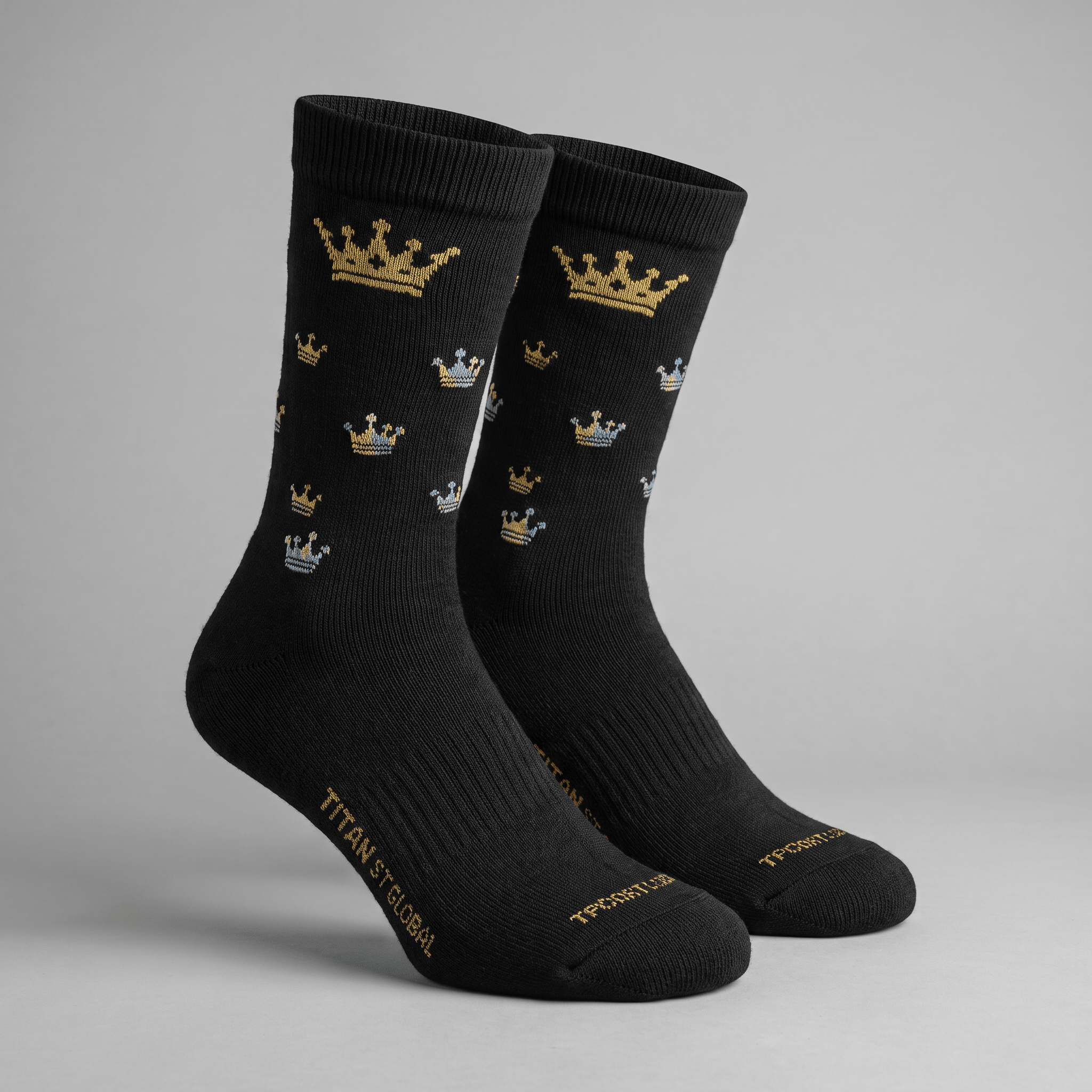 Black crew socks featuring an allover gold and silver crown pattern against a grey background.