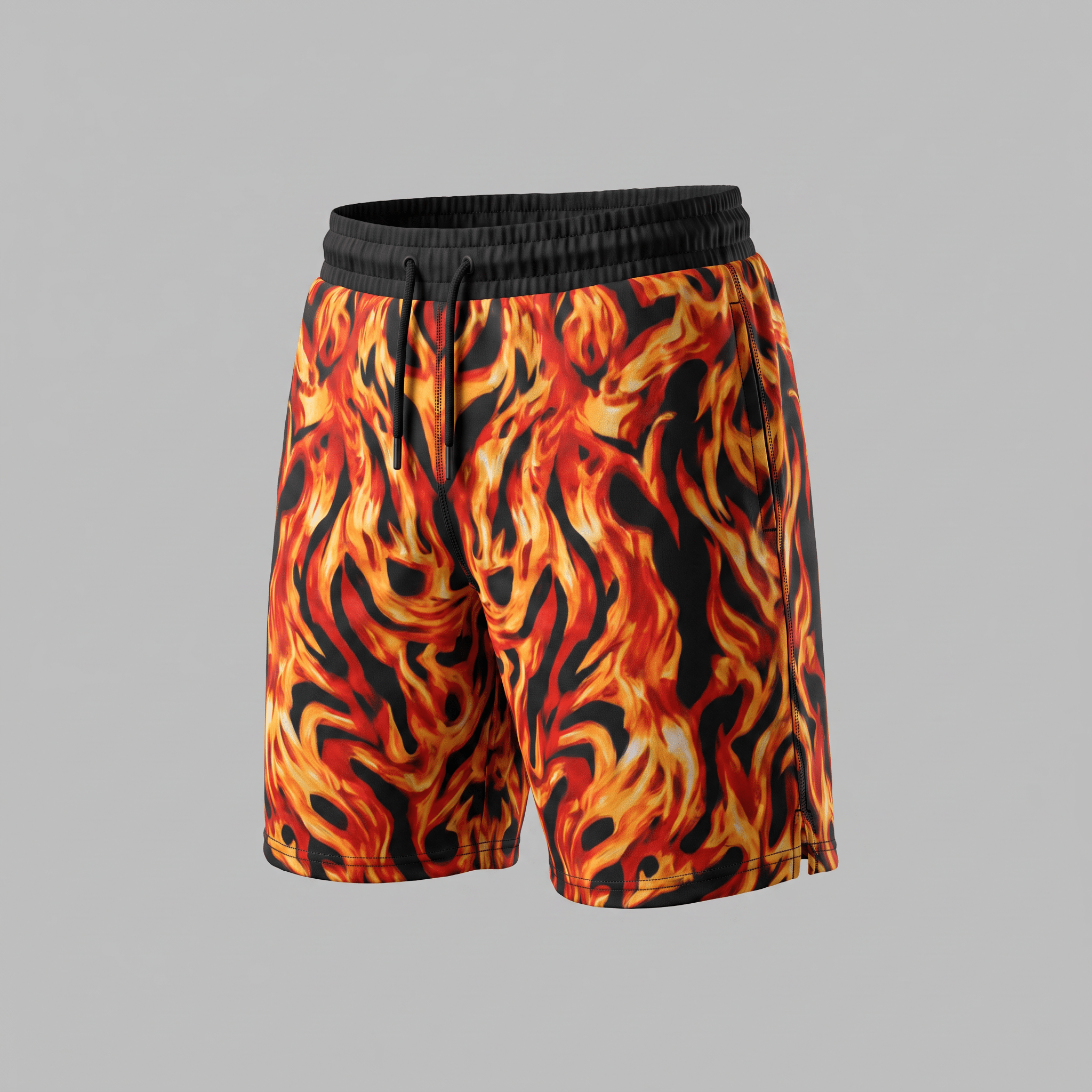 Athletic shorts in black featuring a vibrant red and orange flame graphic print, black waistband and drawstrings.