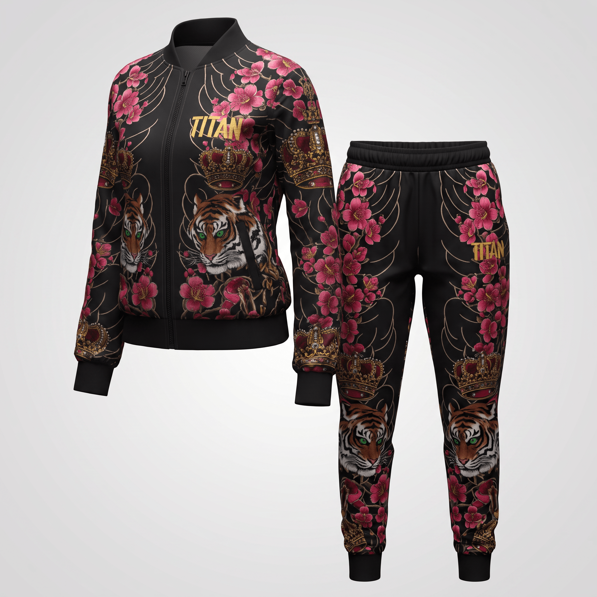 Black bomber jacket and joggers set featuring a pink cherry blossom, tiger, and crown tattoo print.