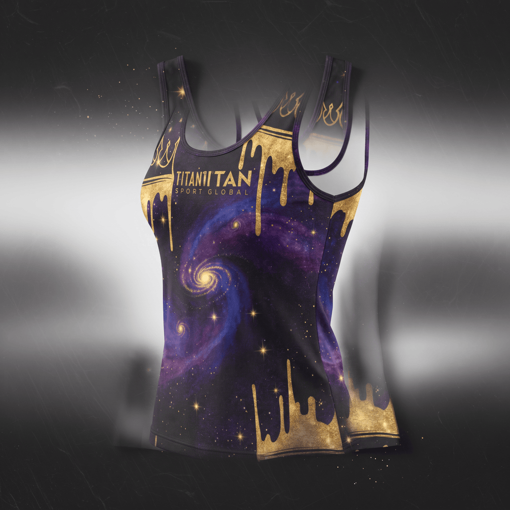 Purple galaxy print tank top with gold drip and crown graphic featuring Titan Tan Sport Global logo.