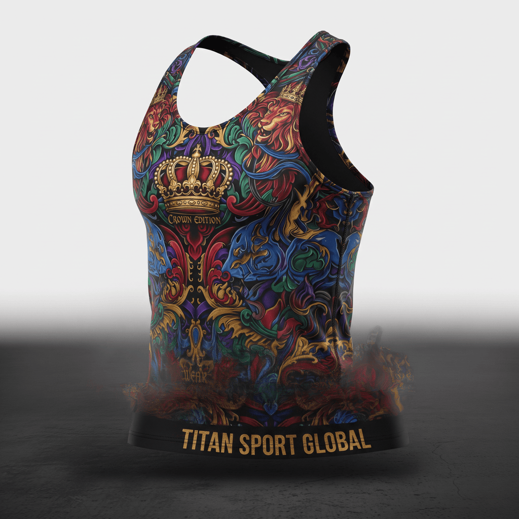 Multi-color athletic tank top featuring ornate crown and lion print with Titan Sport Global waistband.