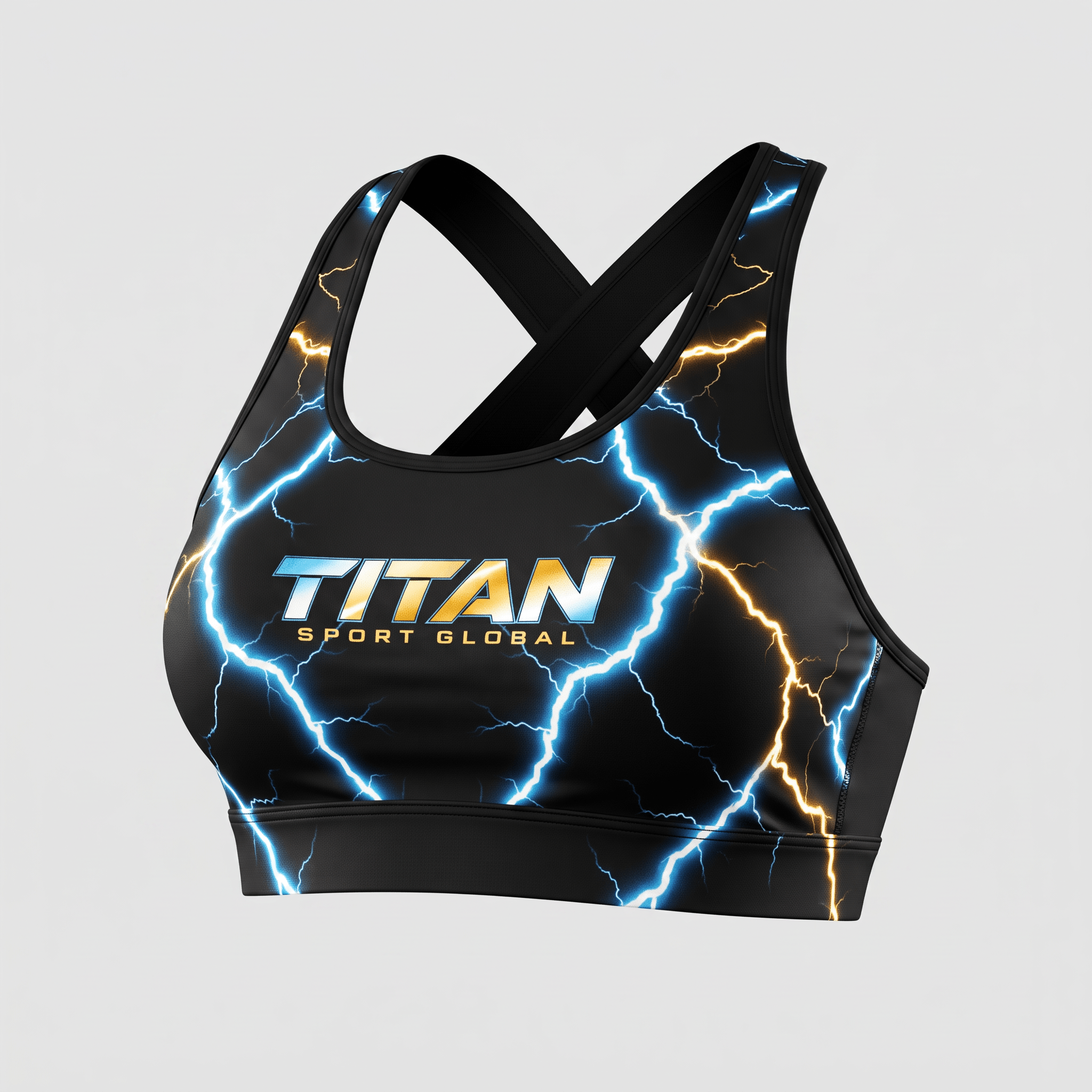 Black sports bra with blue and yellow lightning bolts and Titan Sport Global logo.