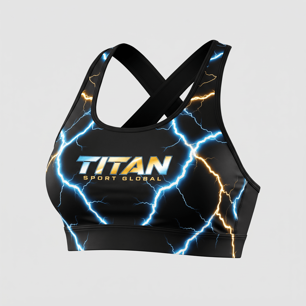 Black sports bra with blue and gold lightning bolt pattern and Titan Sport Global logo on the front.