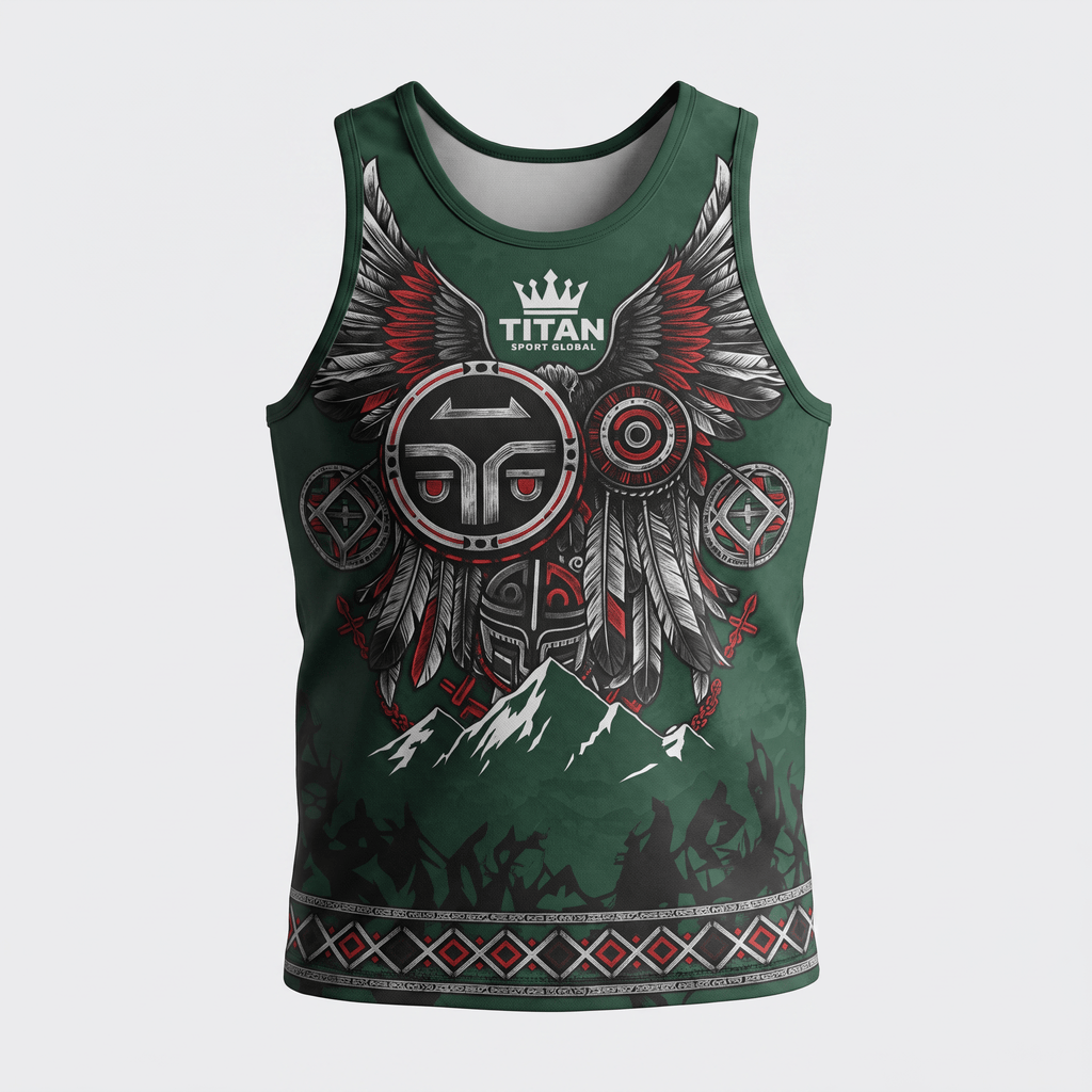 Green Titan Sport Global tank top featuring intricate white and red tribal wing graphics and mountain design.