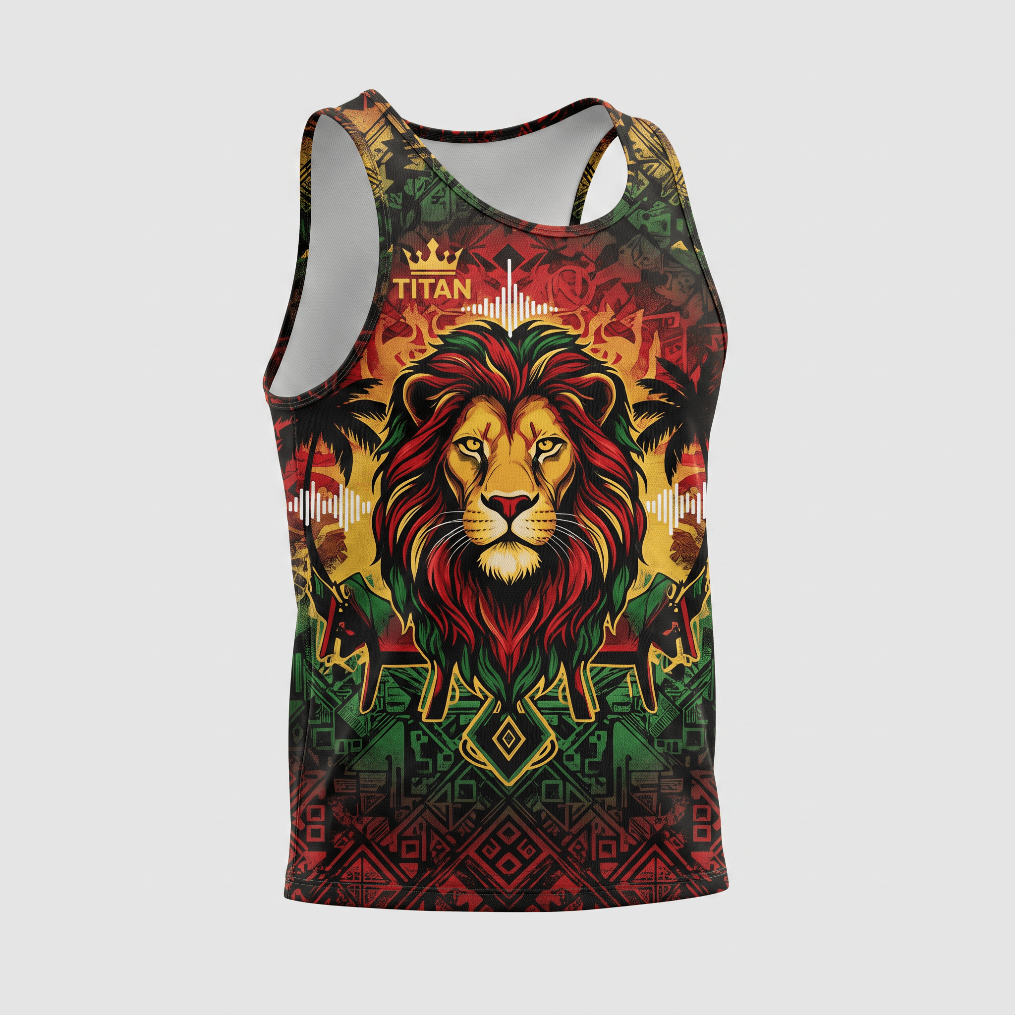 Red, green, and gold tank top featuring a lion graphic, palm trees, and abstract patterns.