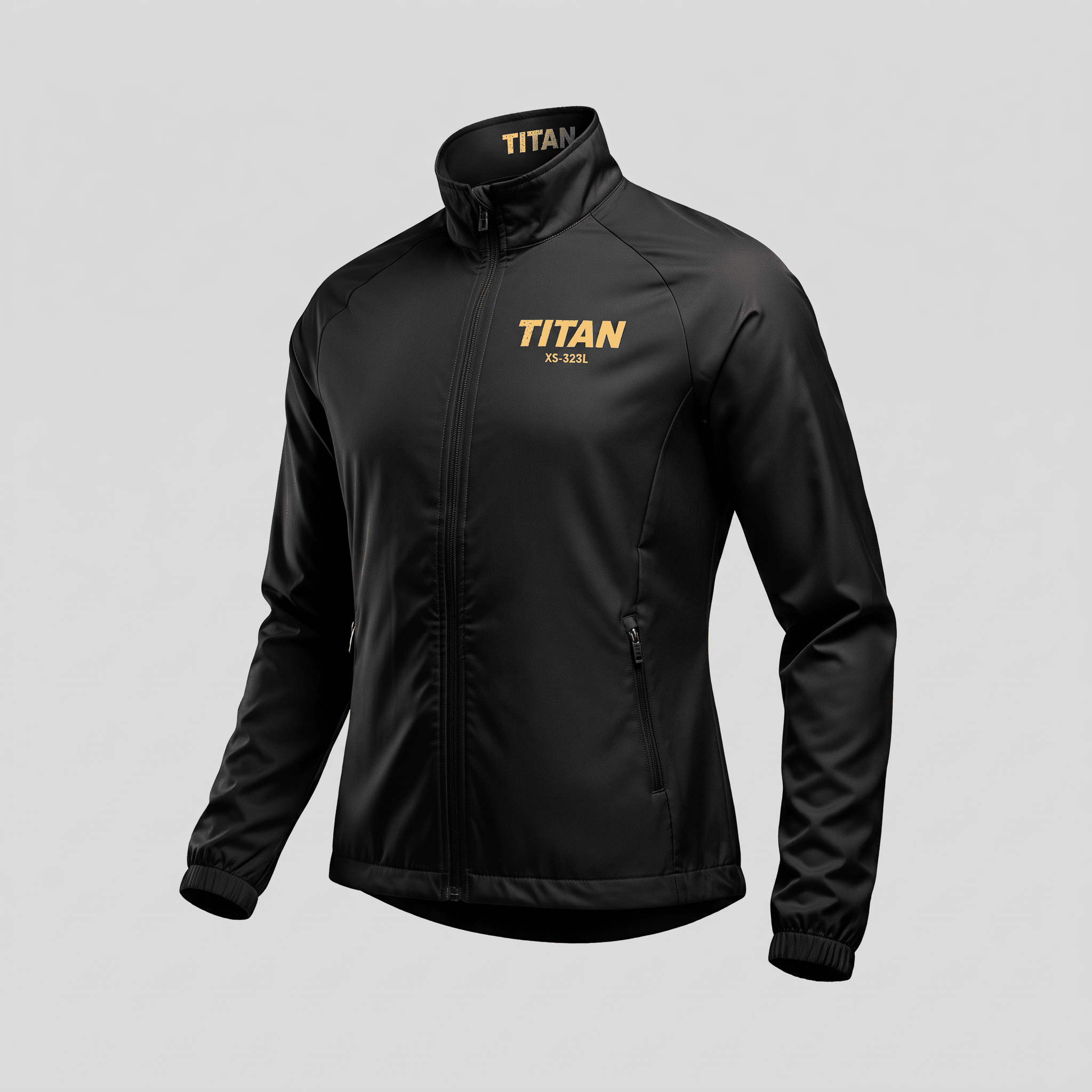 Black athletic zip-up jacket with gold Titan logo and lettering on chest and collar.