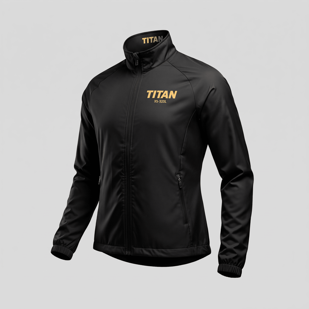 Black athletic zip-up jacket with gold Titan branding and high collar on a light gray background.