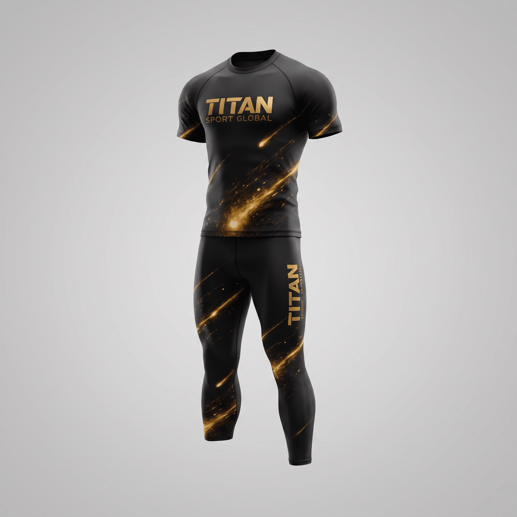 Black and gold Titan Sport Global compression shirt and leggings set with glowing light streaks.
