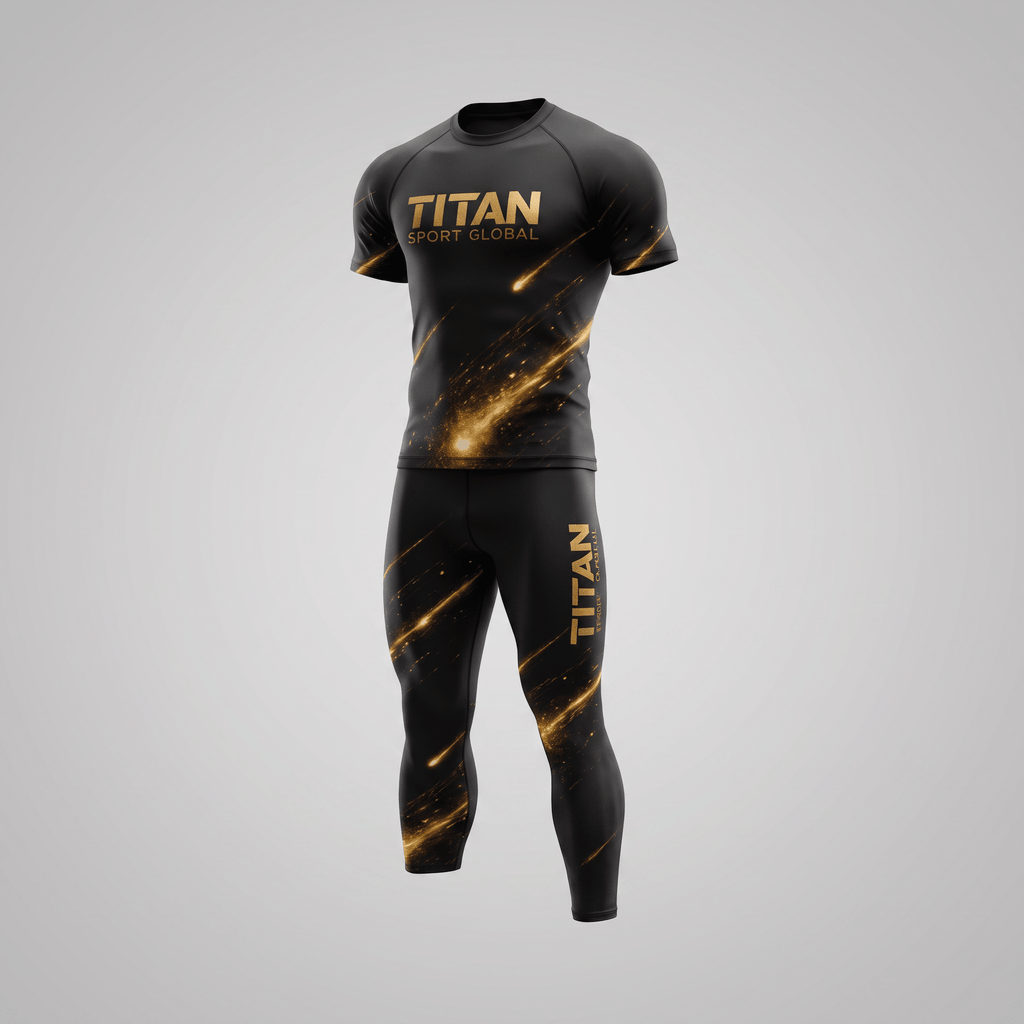Black athletic compression shirt and leggings set with gold comet graphics and Titan Sport Global branding.