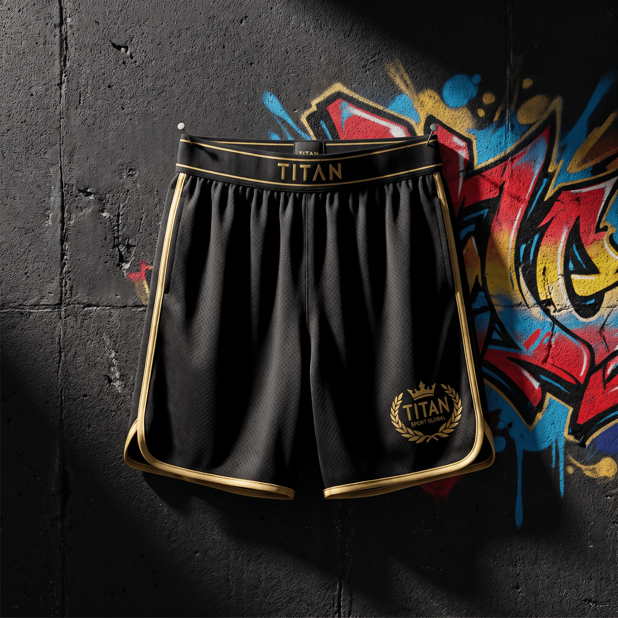 Black athletic shorts with gold trim and "TITAN" logo hanging against a graffiti-covered concrete wall.
