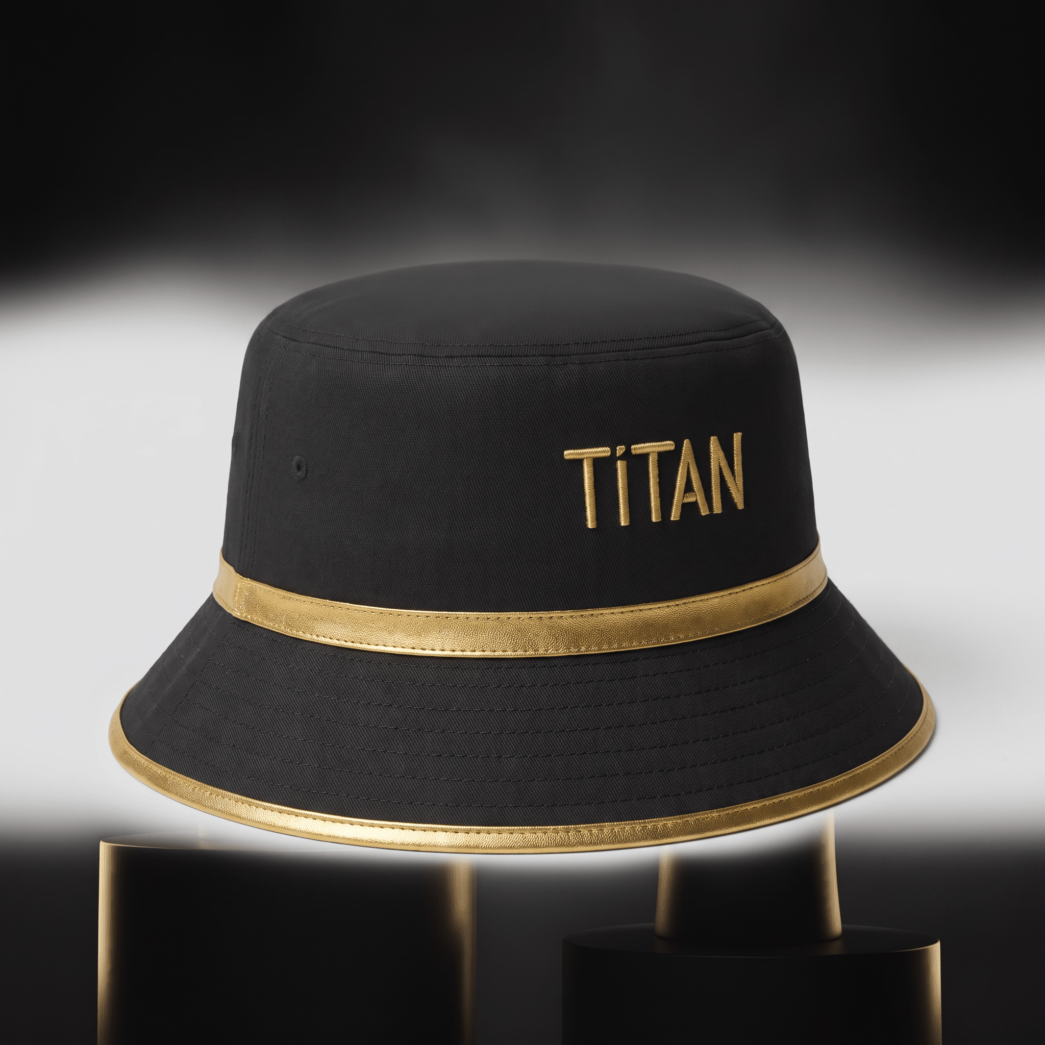 Black bucket hat with gold trim and embroidered gold Titan text on a dark pedestal.