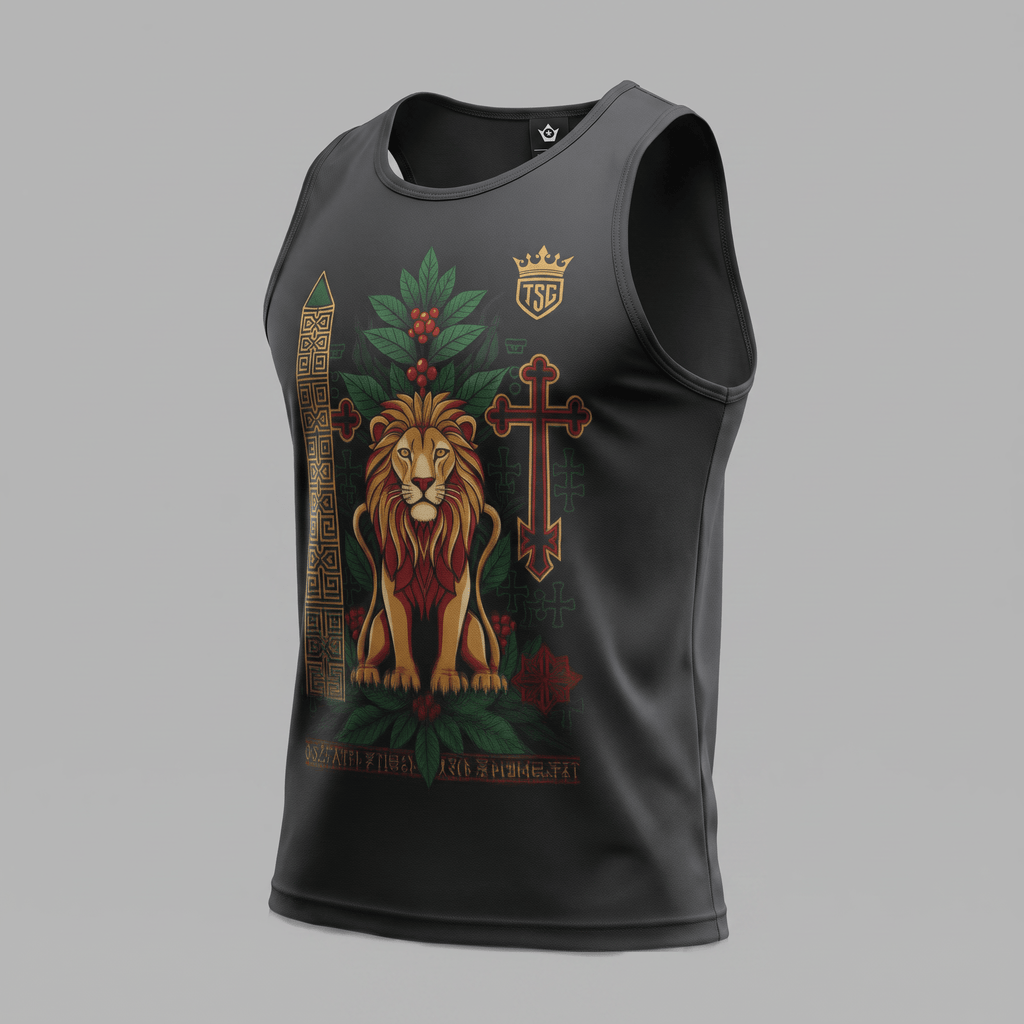 Black tank top featuring a graphic of a lion, cross, and foliage on the front.