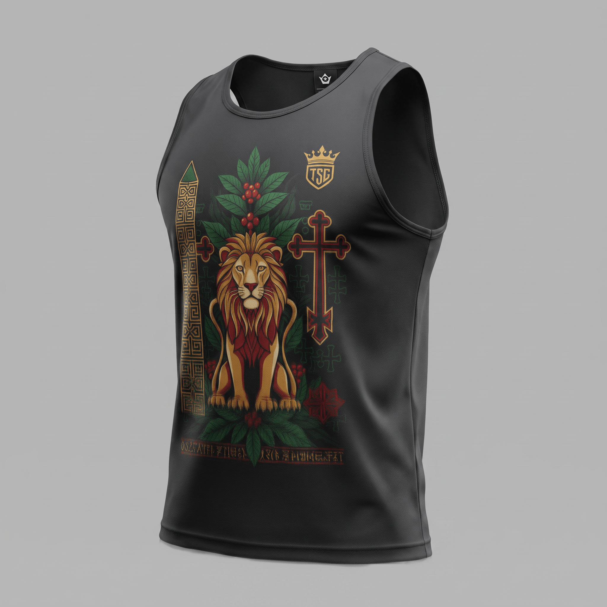 Black tank top featuring a graphic of a lion, cross, and foliage on the front.