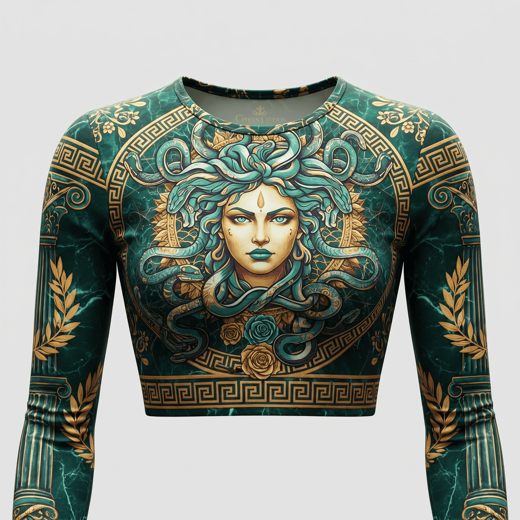 Green long-sleeve crop top featuring a Medusa graphic with gold Greek key and marble patterns.