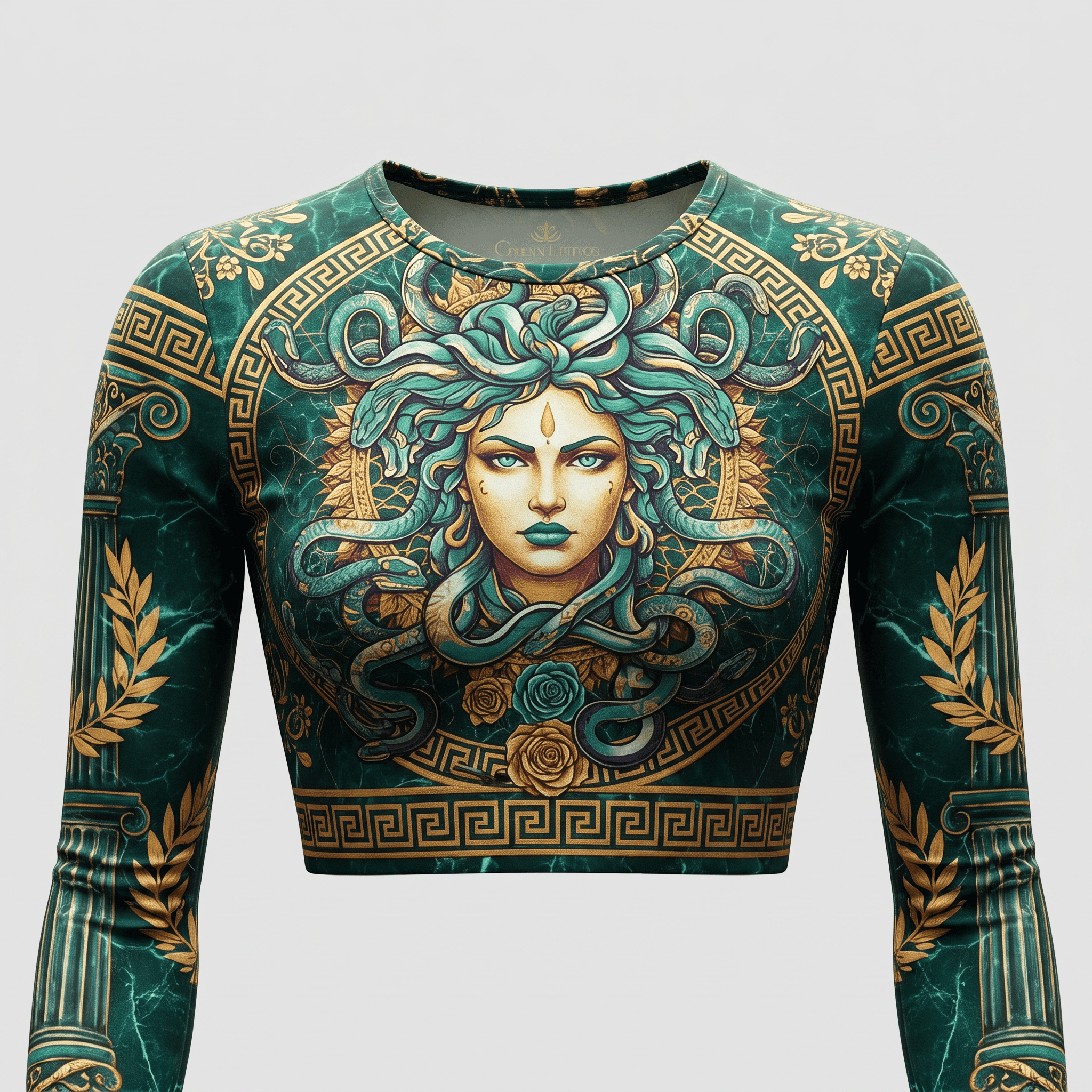 Green long-sleeve crop top featuring a Medusa graphic with gold Greek key and marble patterns.