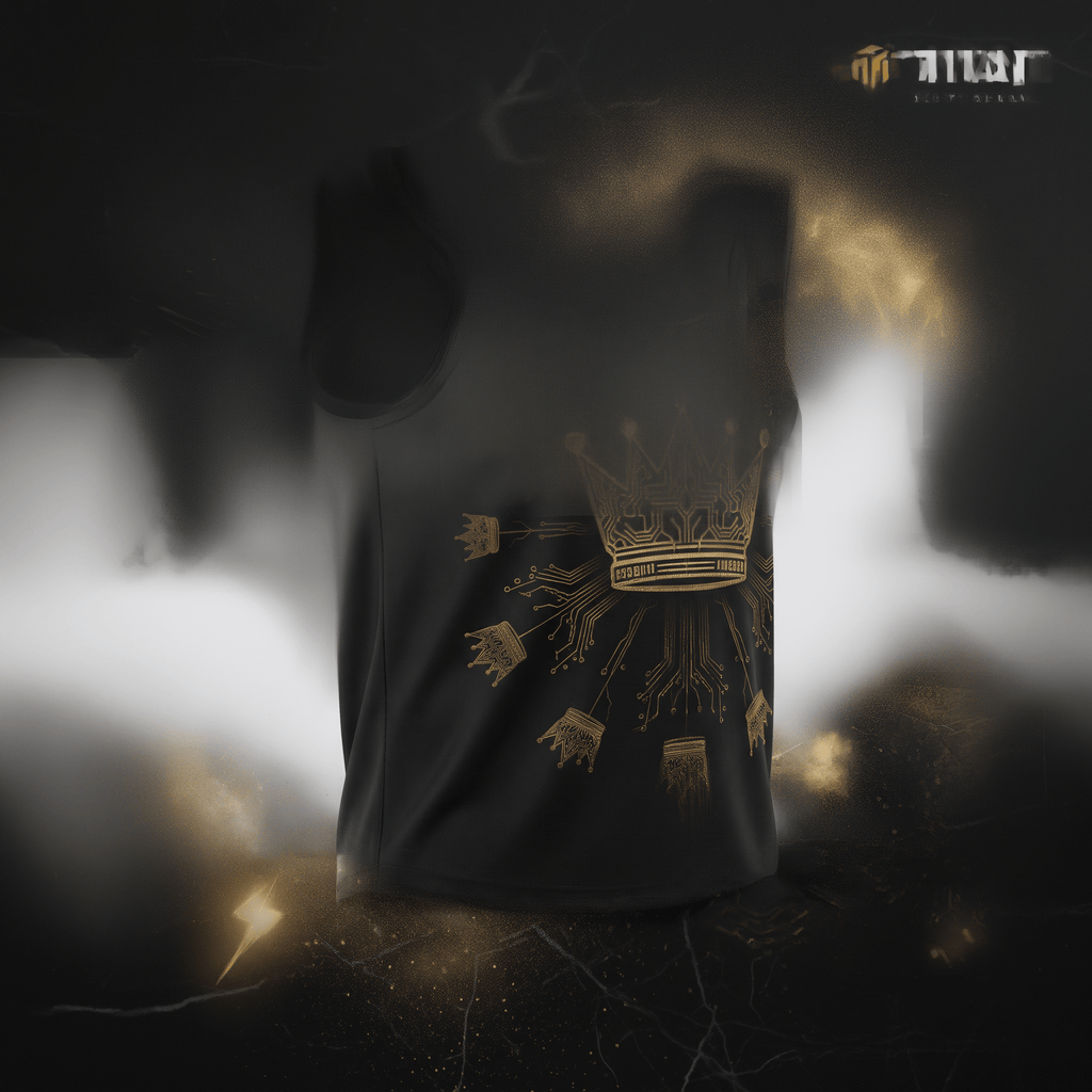 Black tank top with a gold circuit board crown graphic against a dark smoky background.