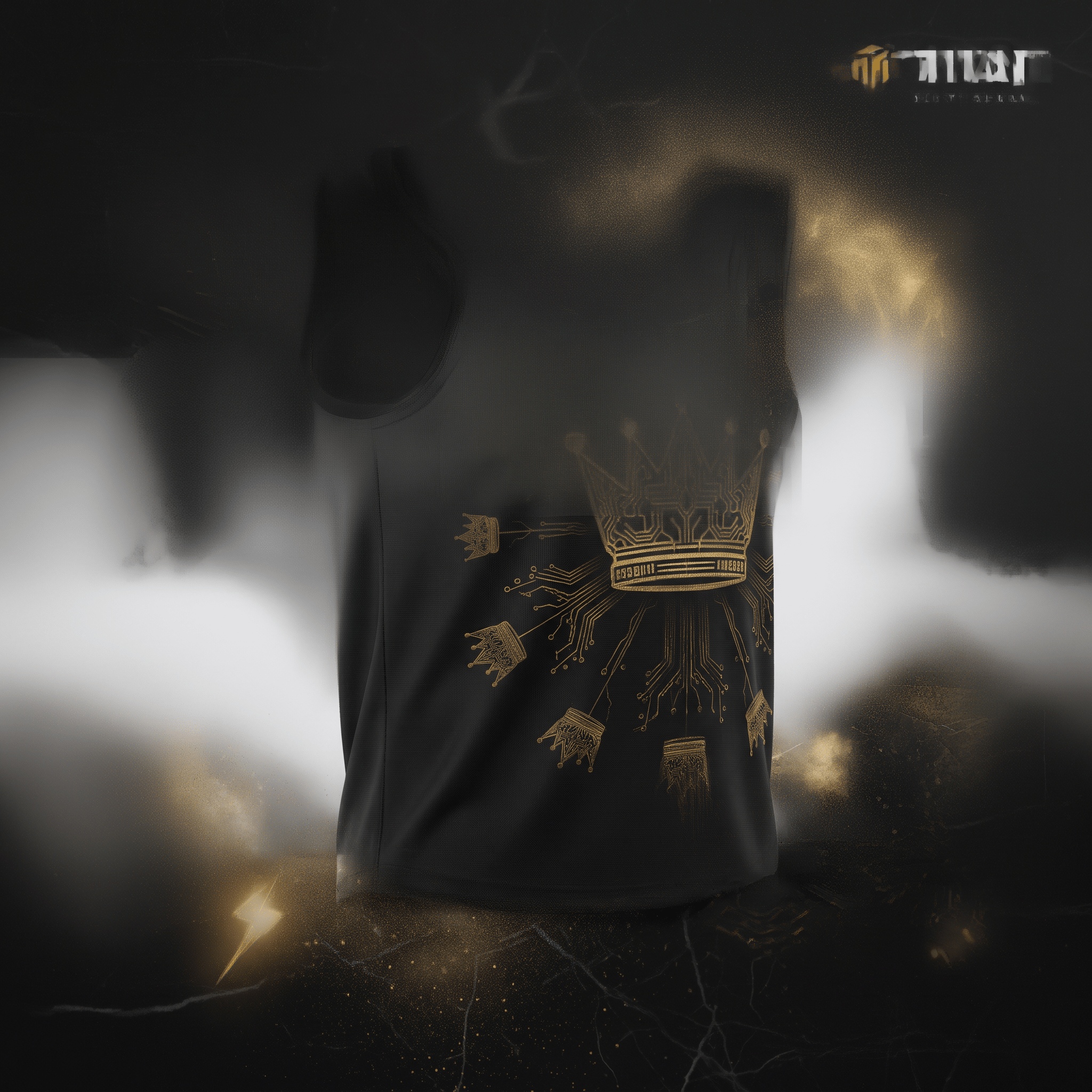 Black tank top with a gold circuit board crown graphic against a dark smoky background.