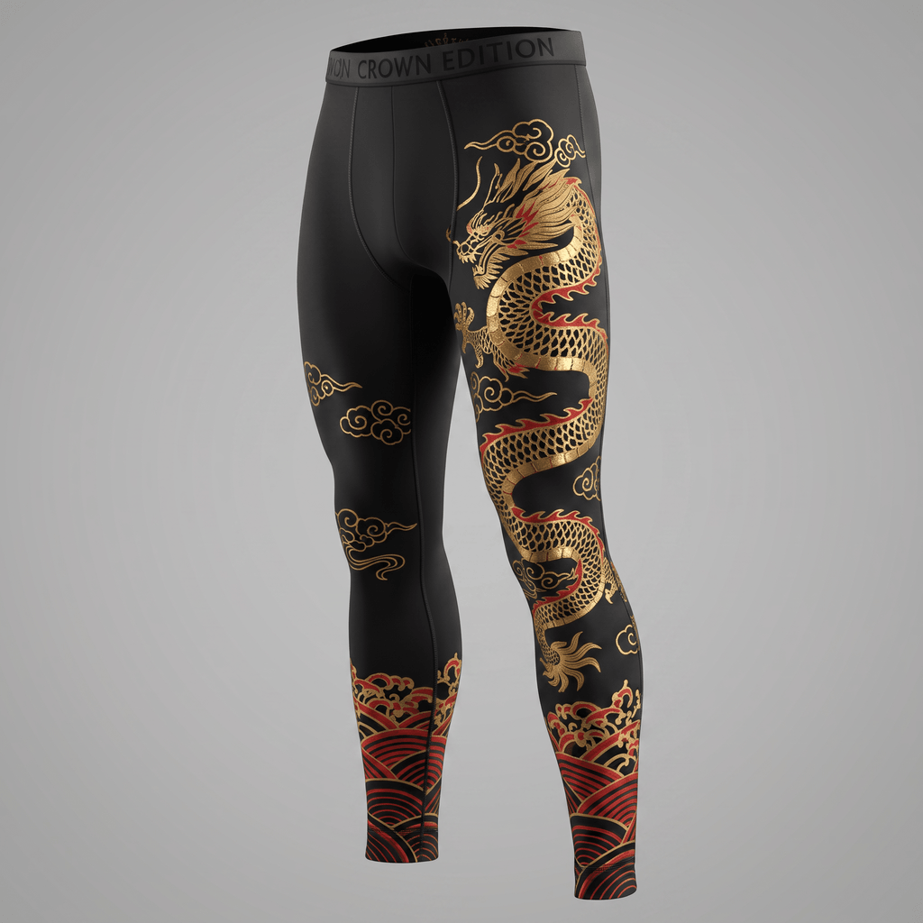 Black compression tights with metallic gold and red dragon graphic and wave ankle prints.