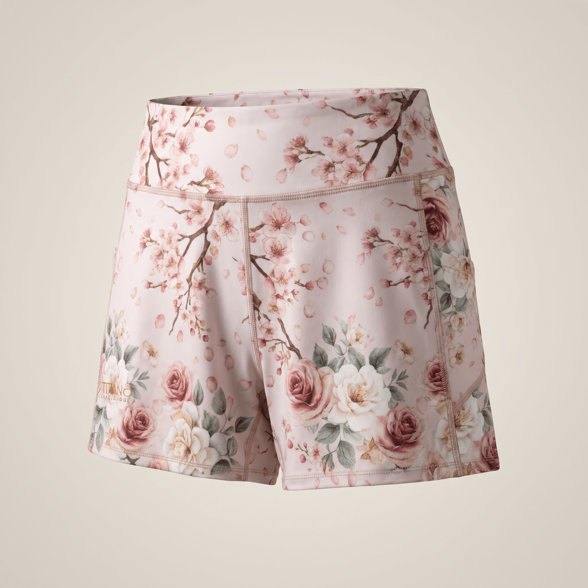 Pink athletic shorts featuring a floral print with cherry blossoms and roses on a light background.