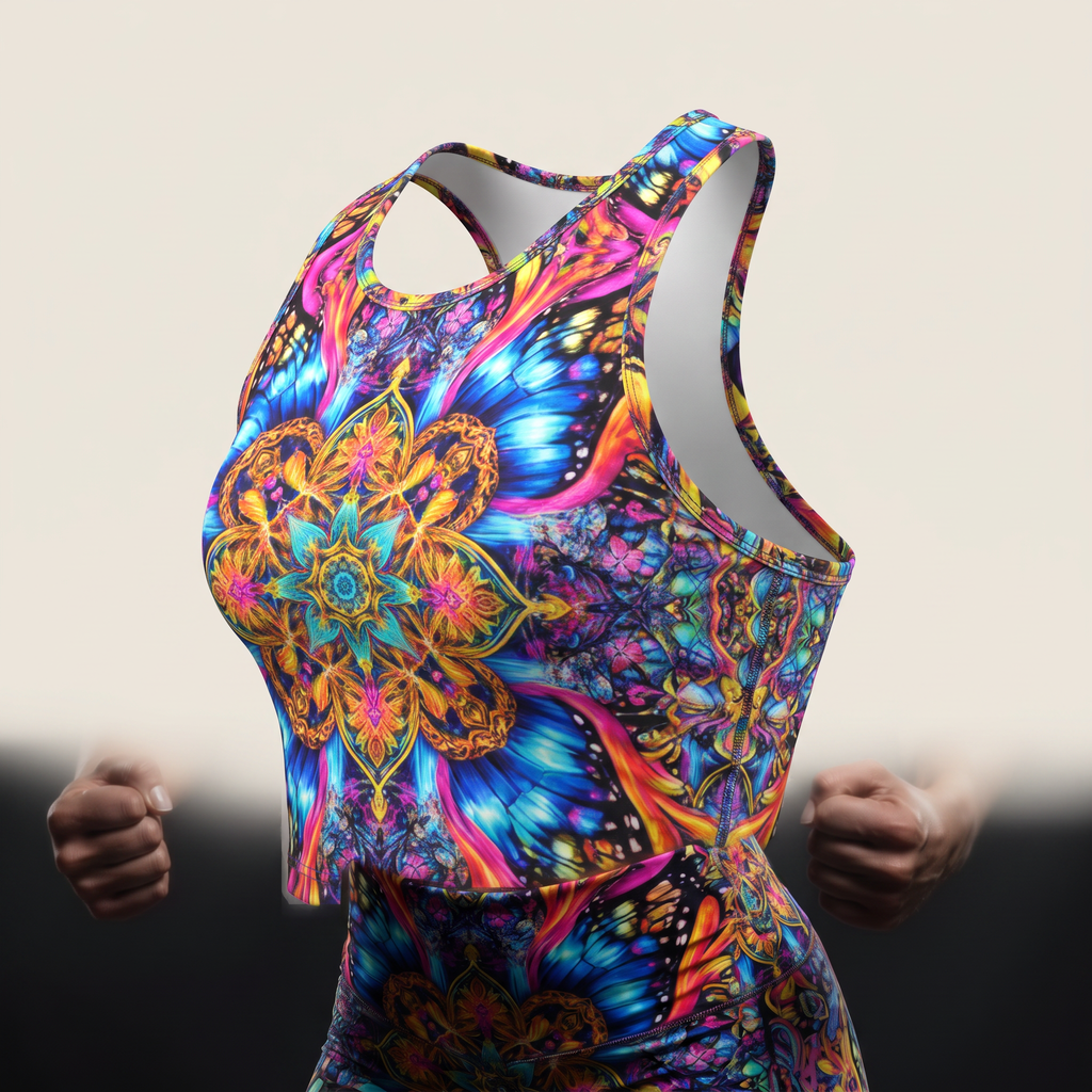 Colorful crop top and leggings set with vibrant butterfly and mandala art.