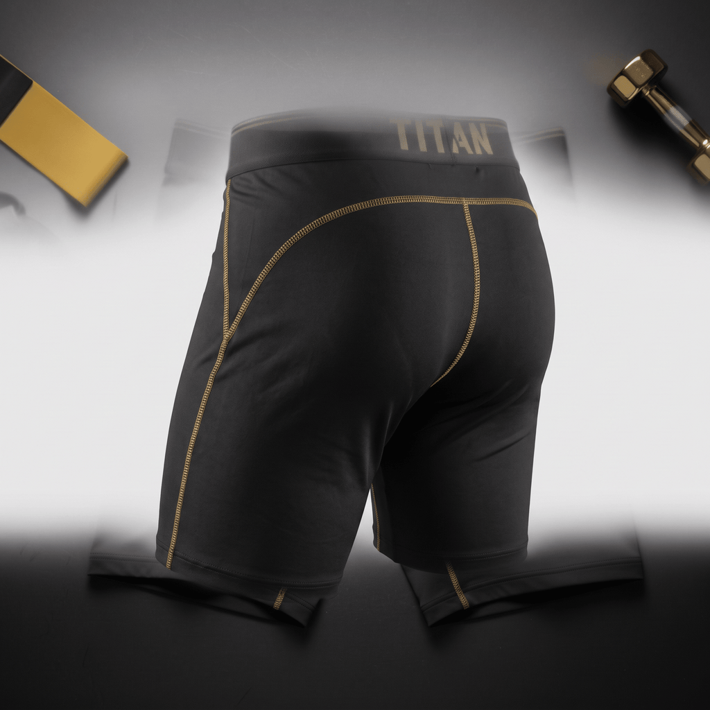 Back view of black athletic compression shorts with gold contrast stitching and Titan waistband.