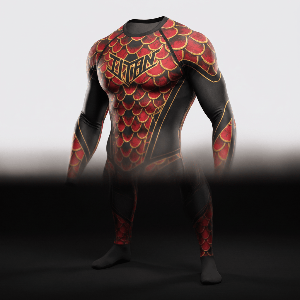 Titan red and black dragon scale rash guard with matching spats displayed on a mannequin.