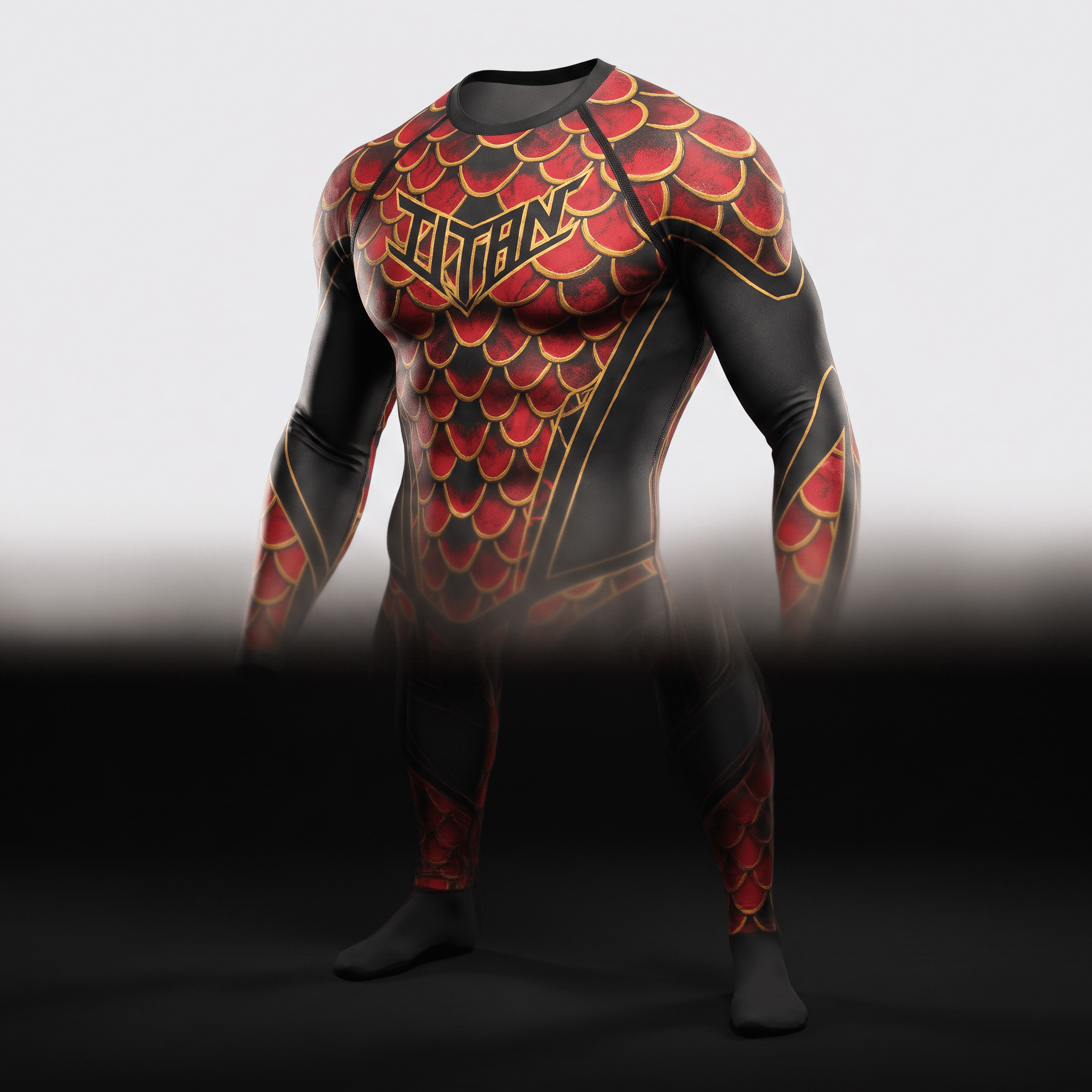 Titan red and black dragon scale rash guard with matching spats displayed on a mannequin.
